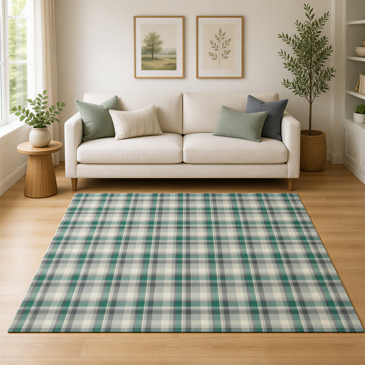 a cozy living room with a white sofa, a large green and white plaid rug, and two framed pictures on the wall. The room also features a potted plant and a wooden side table.