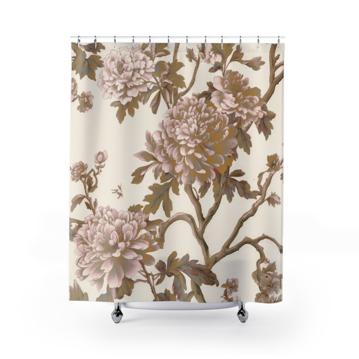 a shower curtain with a floral pattern of pink and brown flowers and leaves.