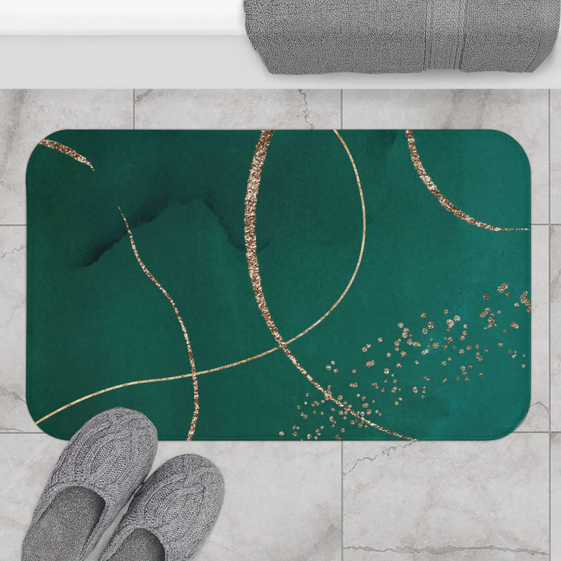 Boho Bath, Kitchen Mat | Modern Green, Muted Gold Watercolor