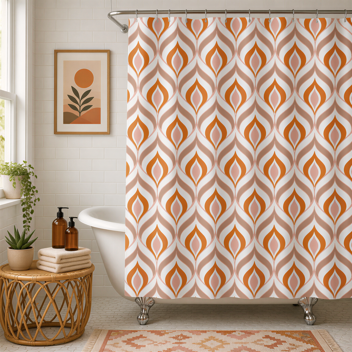 a bathroom with a white bathtub, a wicker table, and a shower curtain with a repeating pattern of orange and white swirls. The bathroom also features a framed picture on the wall and potted plants.