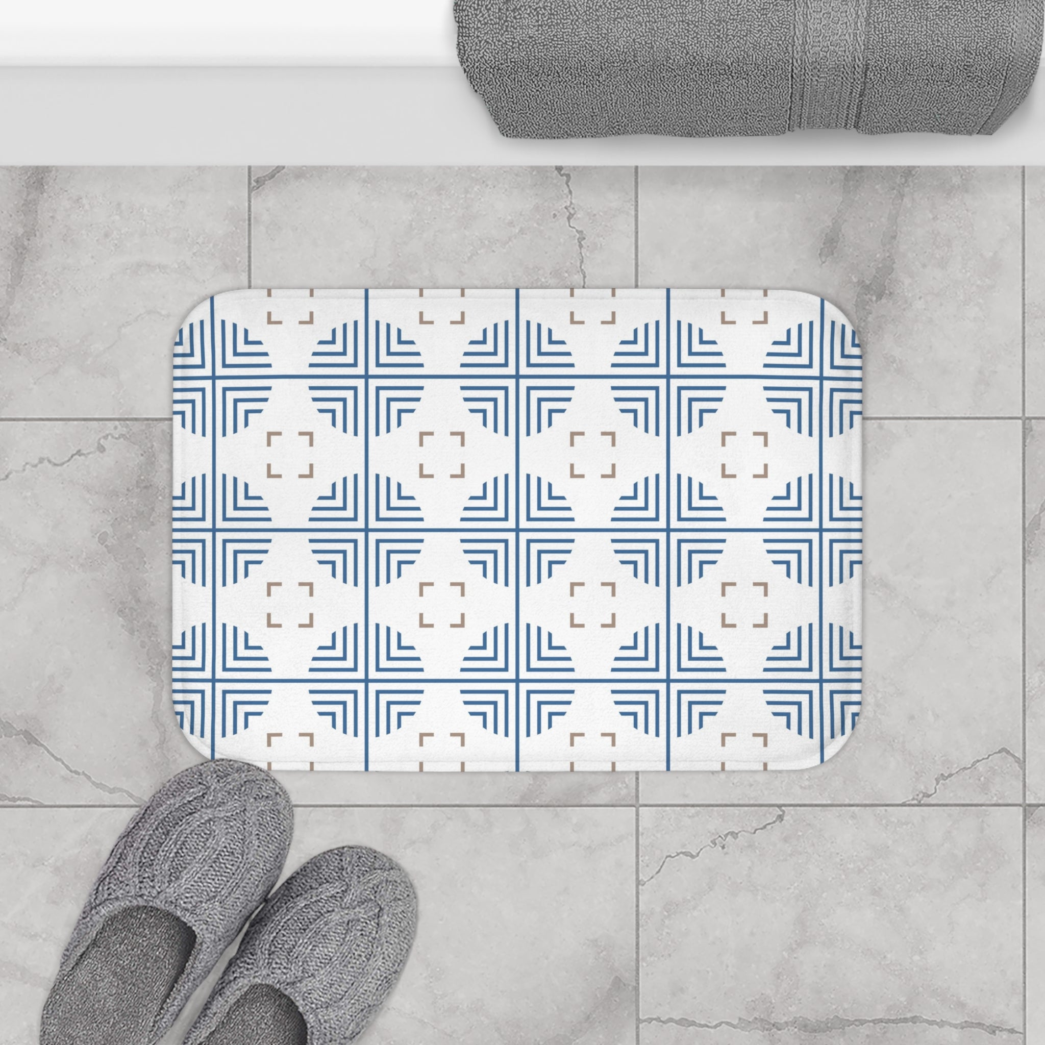 Retro Bath, Kitchen Mat | Art Deco Blue, White, Beige