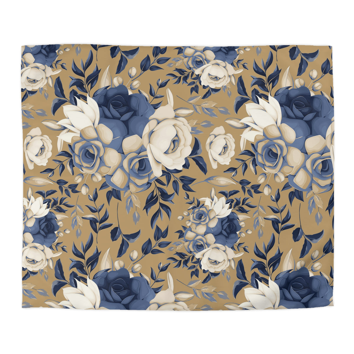 a repeating pattern of blue and white flowers and leaves on a beige background.