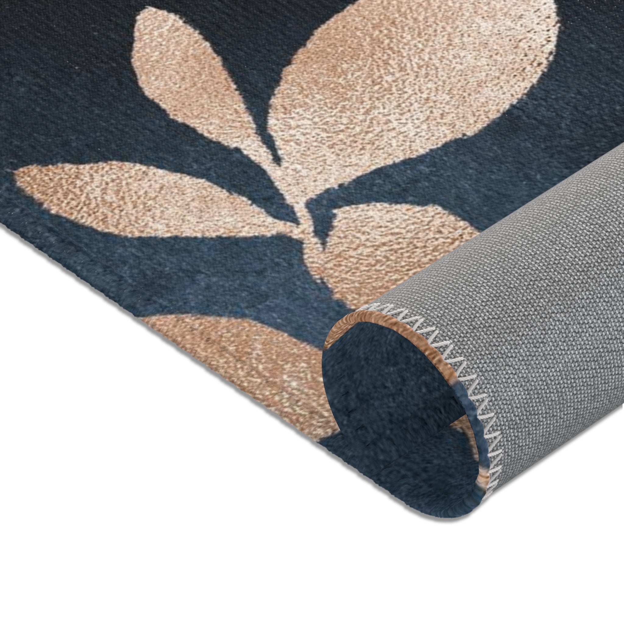 Abstract Boho Area Rug | Navy Blue, Beige Ivory Gold Leaves