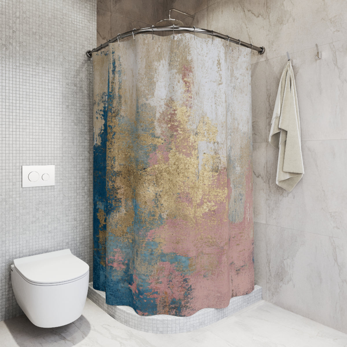 a bathroom with a shower curtain featuring a colorful abstract design in shades of blue, pink, and gold. The shower curtain is hanging from a rod next to a towel. The bathroom also includes a toilet and a tiled wall.