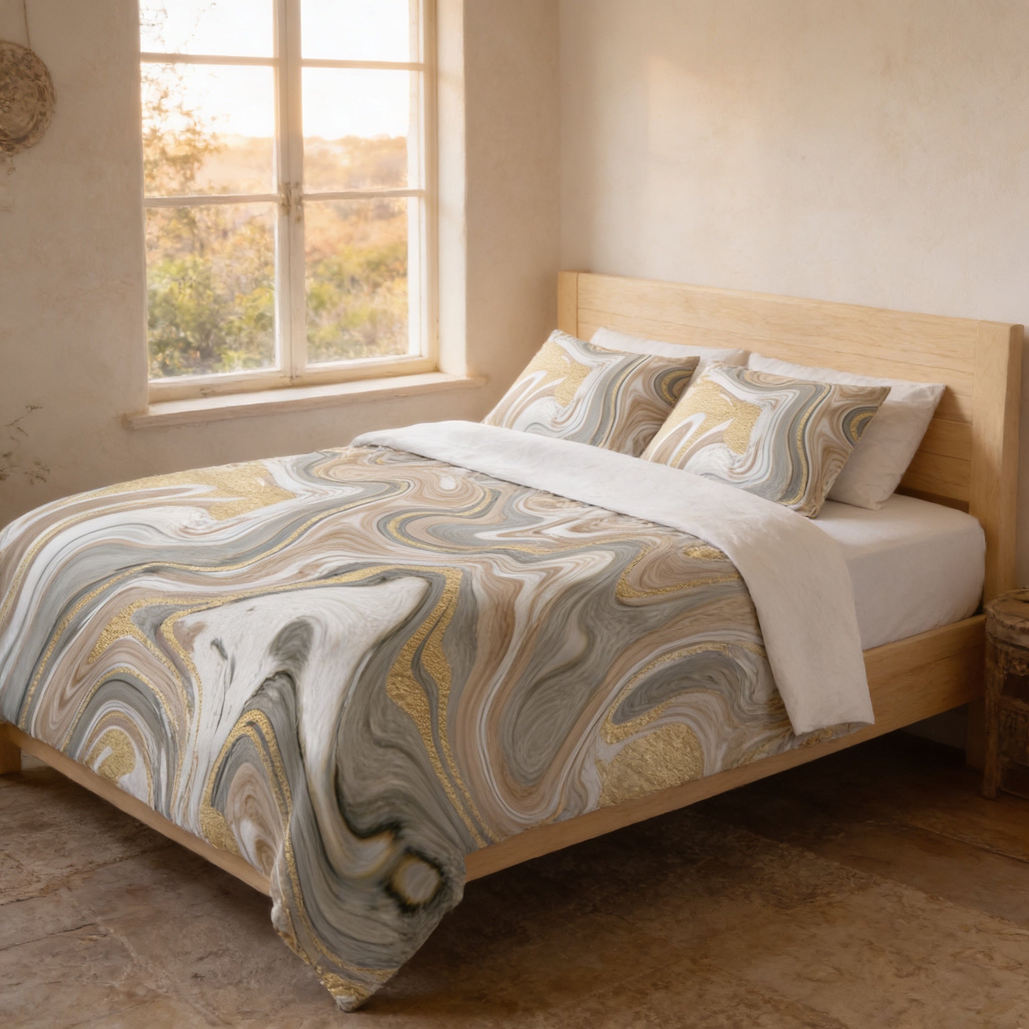 a bedroom with a large bed covered in a colorful, abstract patterned comforter and pillows. The bed is positioned against a wall with a window, allowing natural light to enter the room.