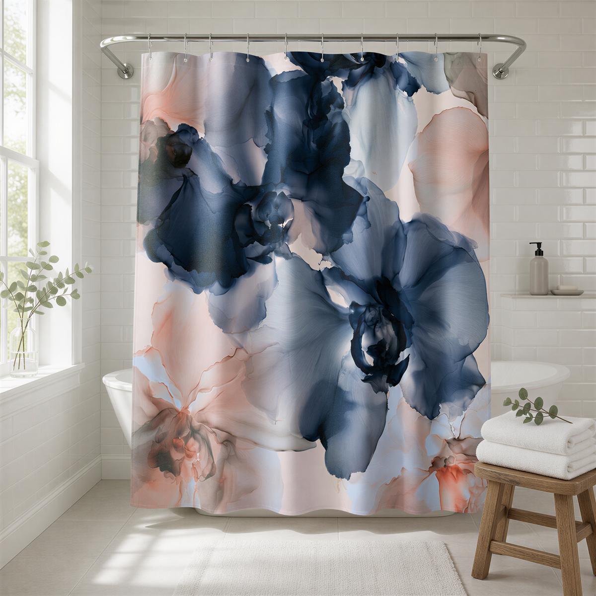 a shower curtain with blue and pink flowers on it
