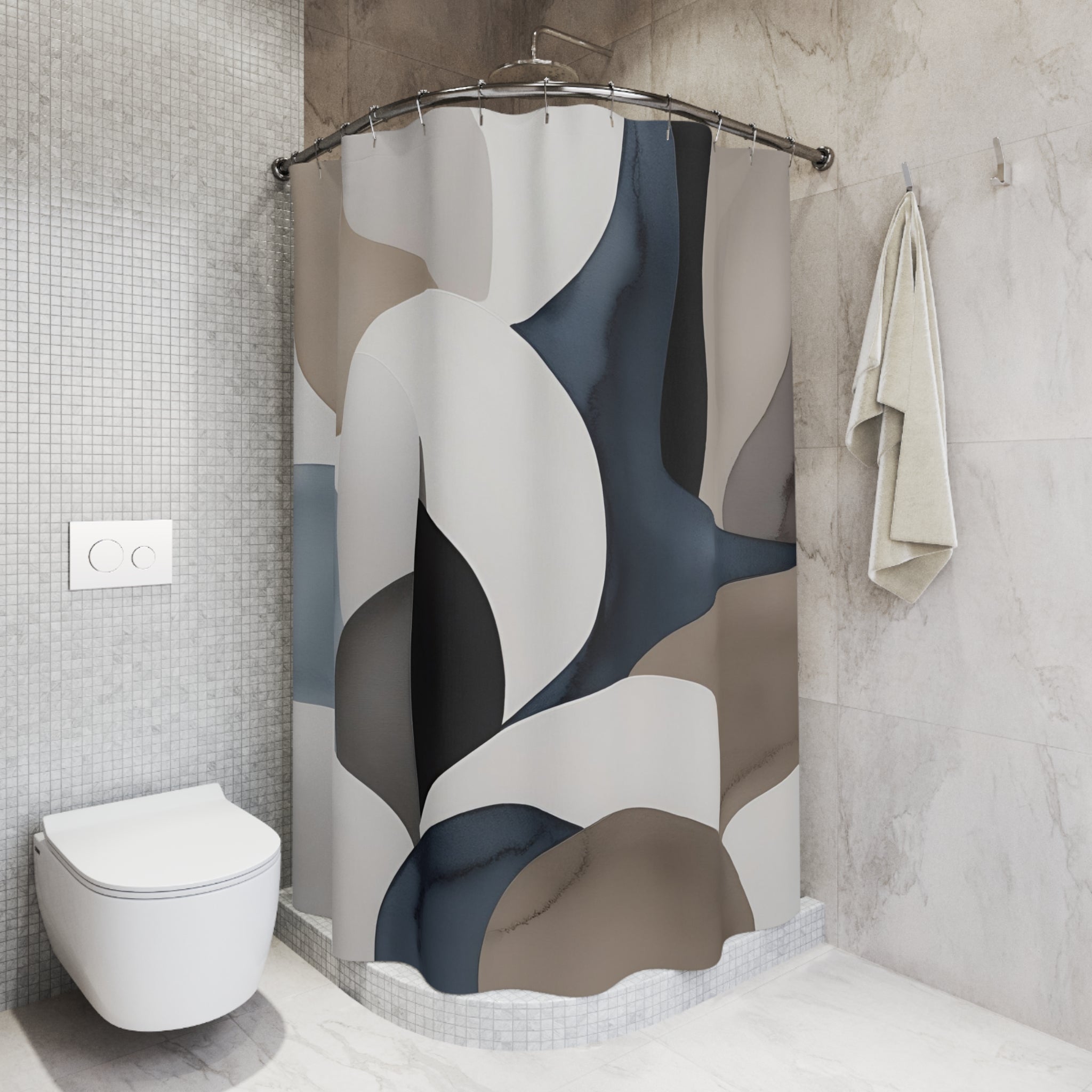 Abstract Shower Curtain | Navy Blue, Taupe White