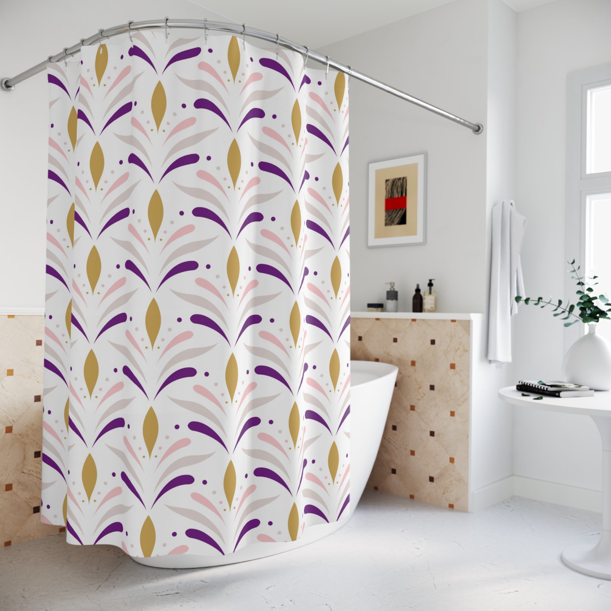 Art Deco Shower Curtain | White, Pink Purple, Beige Bath Curtain