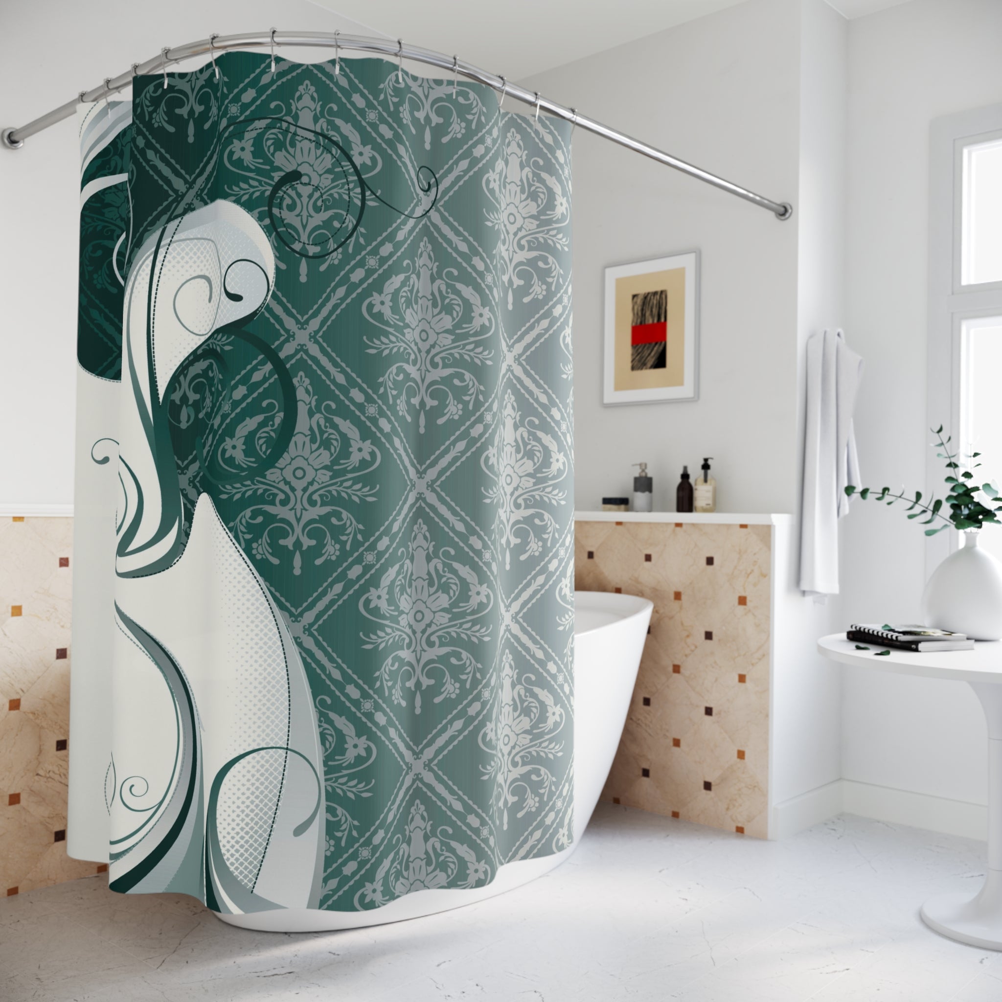 Boho Shower Curtain | Teal Green, White Moroccan Abstract Fabric Curtain