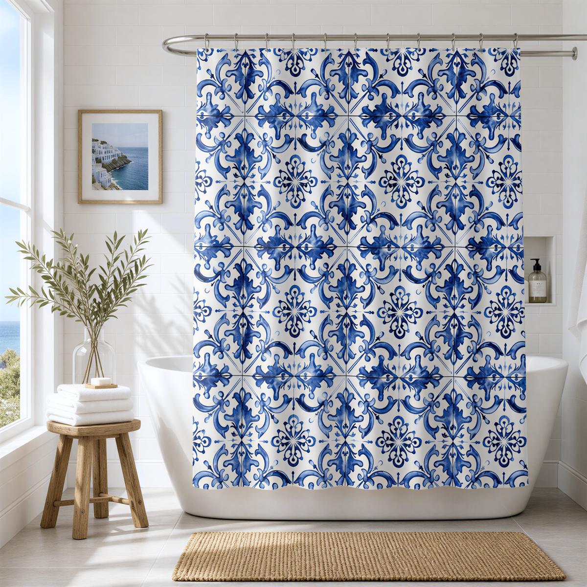 a bathroom with a white bathtub, a blue and white patterned shower curtain, a wooden stool, and a vase of greenery.