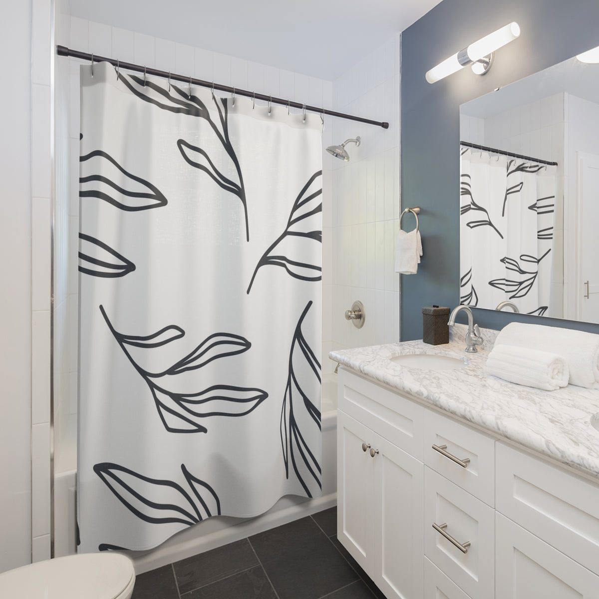Charcoal Line Art Leaf Shower Curtain, Bath Curtain 71x74