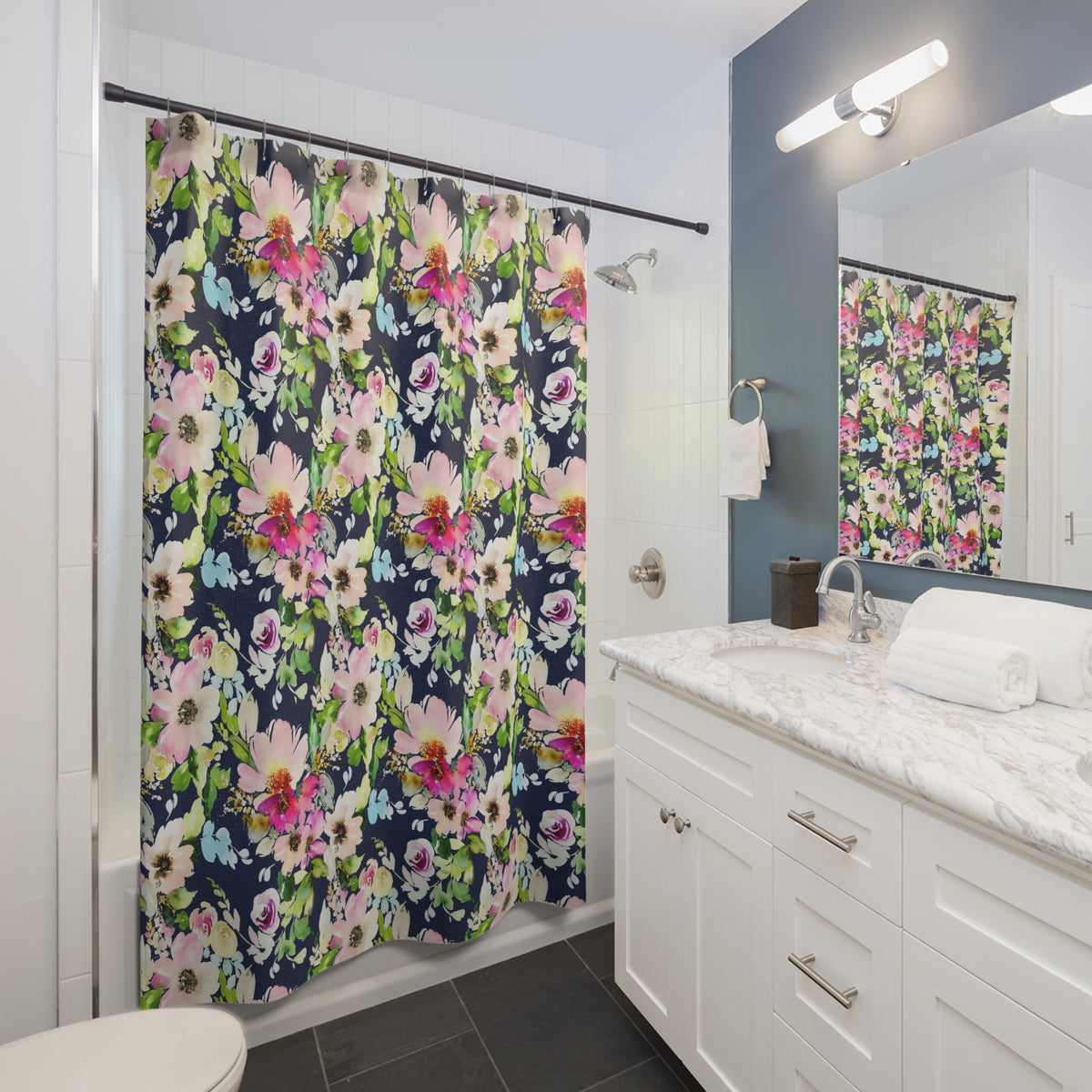 Navy Pink Watercolor Floral Shower Curtain, Bath Curtain 71x74