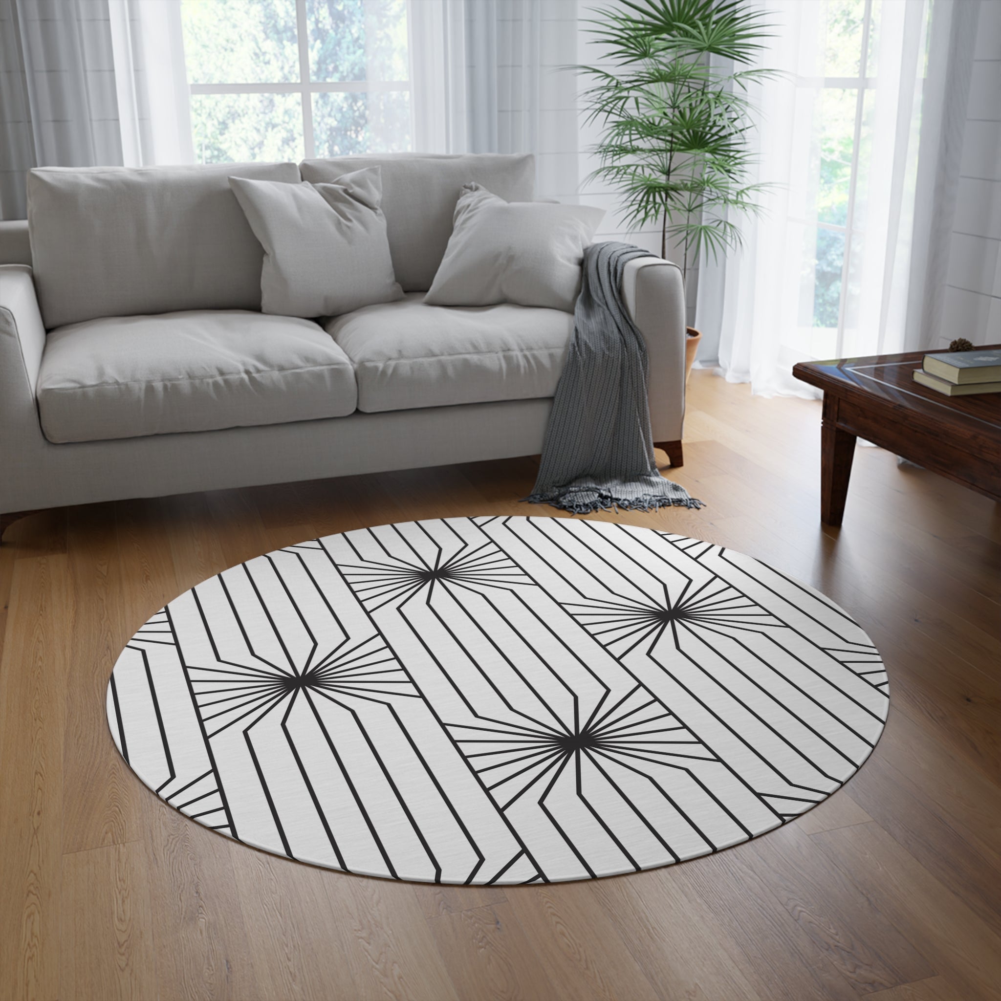 Round Area Rug | Art Deco, Black White Lines