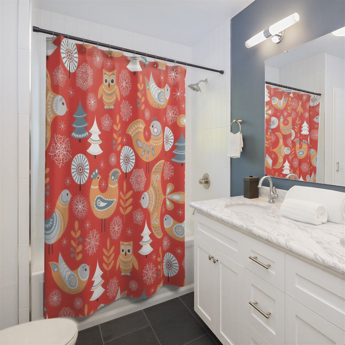 Christmas Shower Curtain Red Beige White Nordic Folk Birds hanging in a bathroom