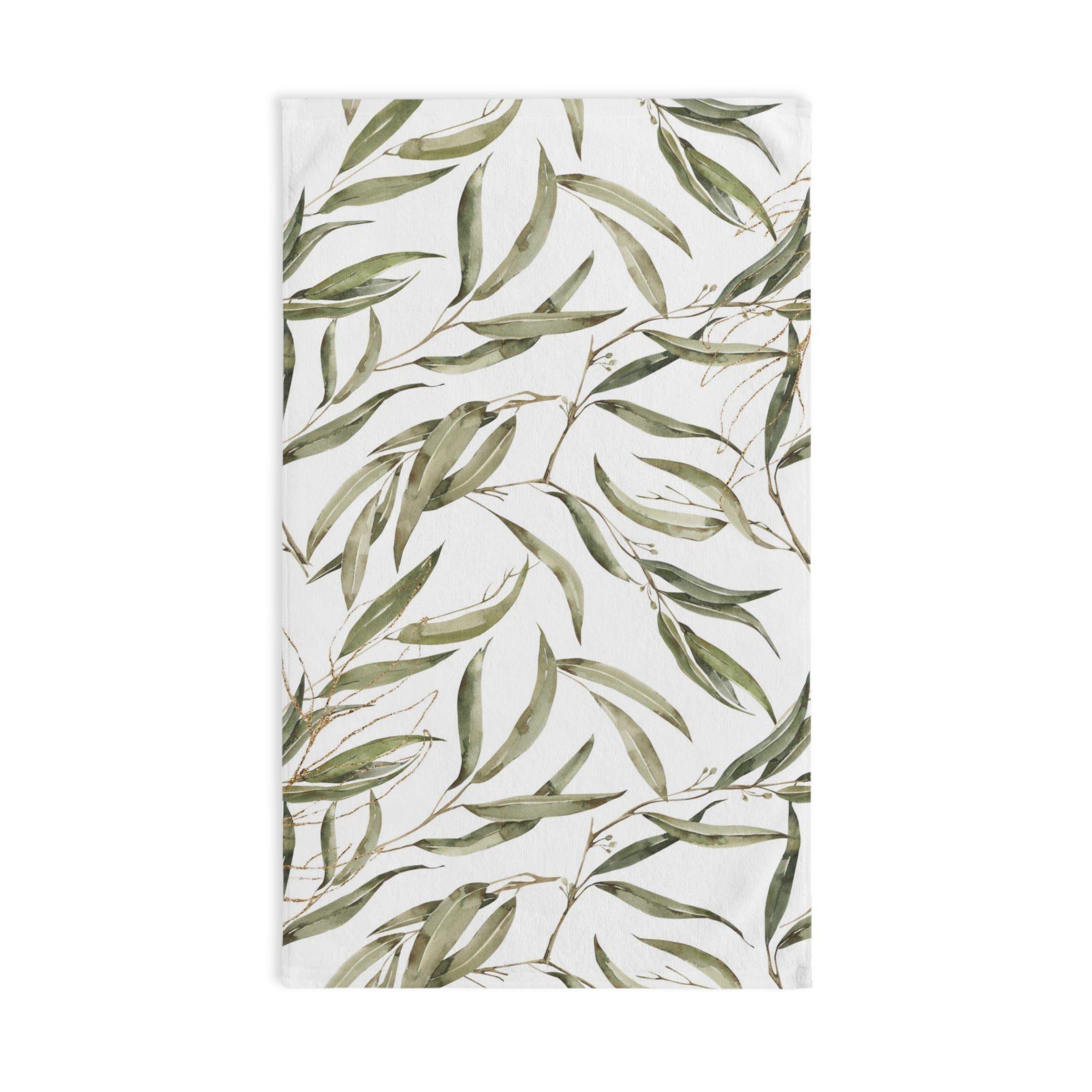 Kitchen, Bath Hand Towel | Boho Floral, Amalfi Olive Leaves, Green White