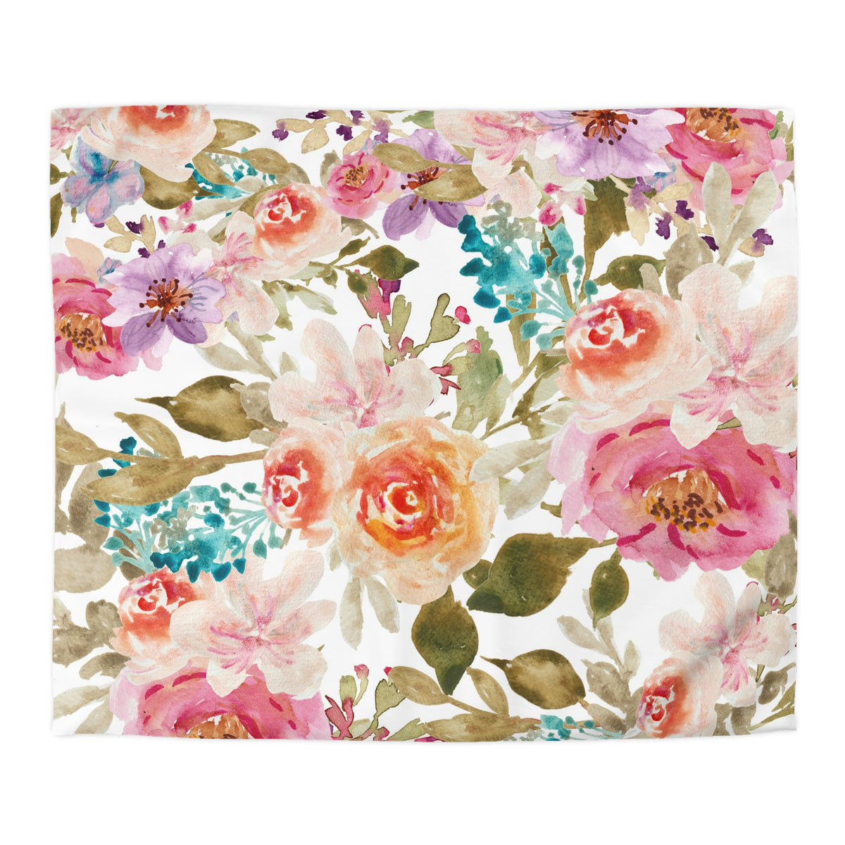 The image is a vibrant and colorful floral pattern featuring a variety of flowers and leaves in shades of pink, orange, and green.