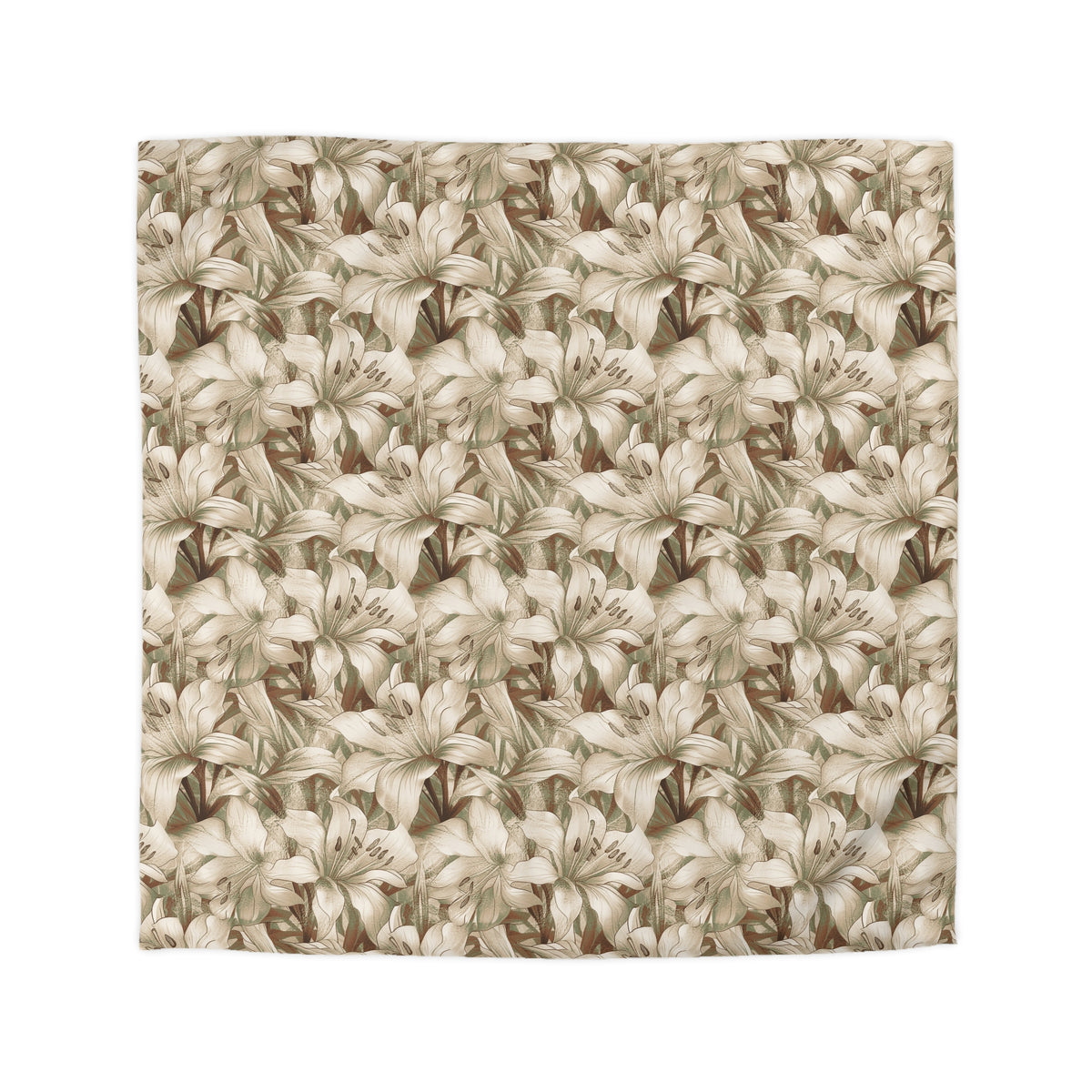 a repeating pattern of large white lilies against a light brown background.