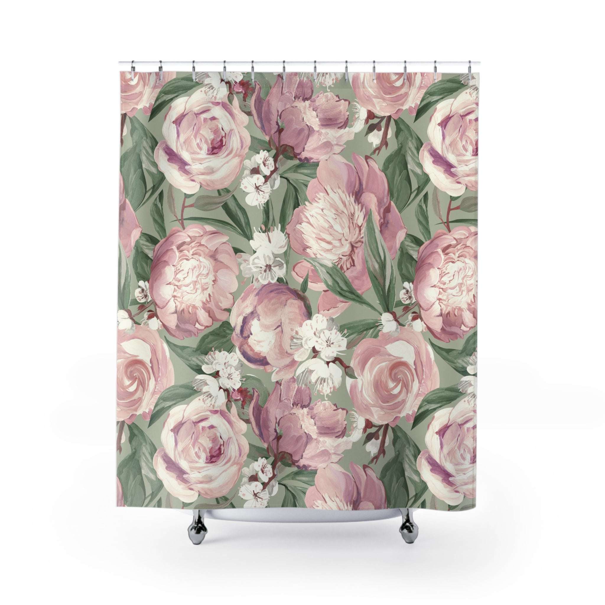 Mauve Peony Floral Shower Curtain | Sage Green Vintage Botanical Bathroom Decor