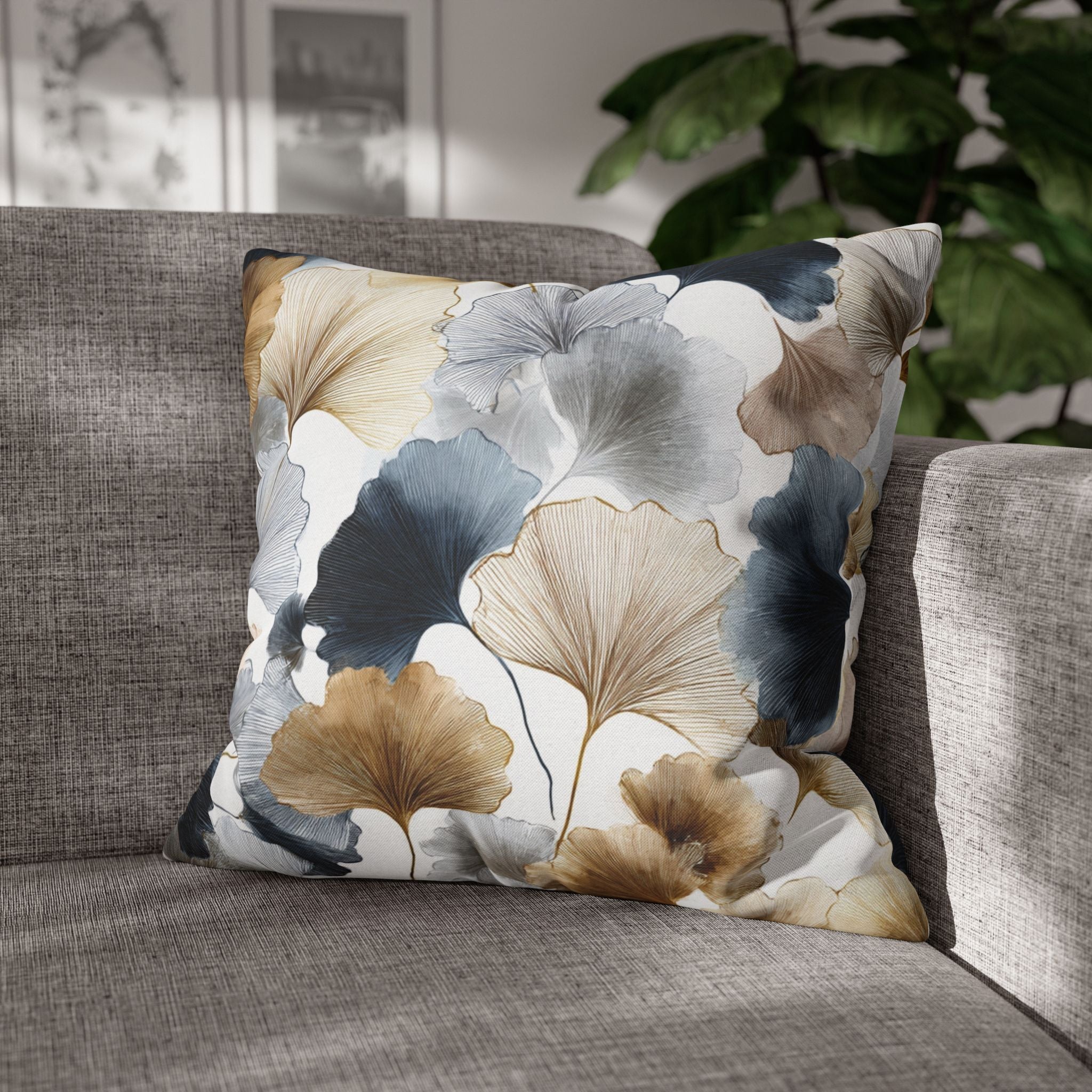 Floral Pillow Cover | Gingko Leaves, Blue Beige White Pillowcase
