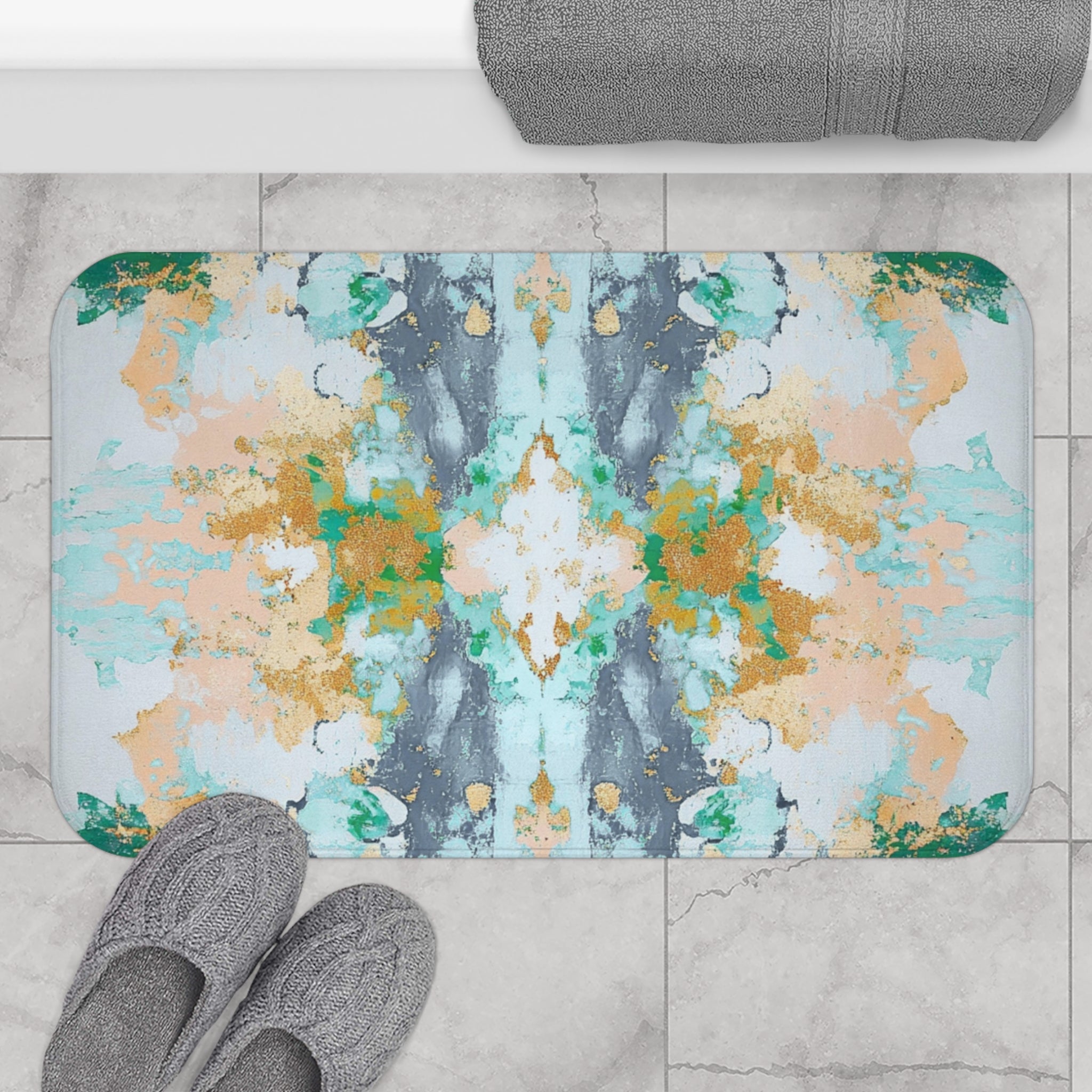 Abstract Bath Mat | Kitchen Mat, Aesthetic Mirrored Art, Blue, Blush, Green