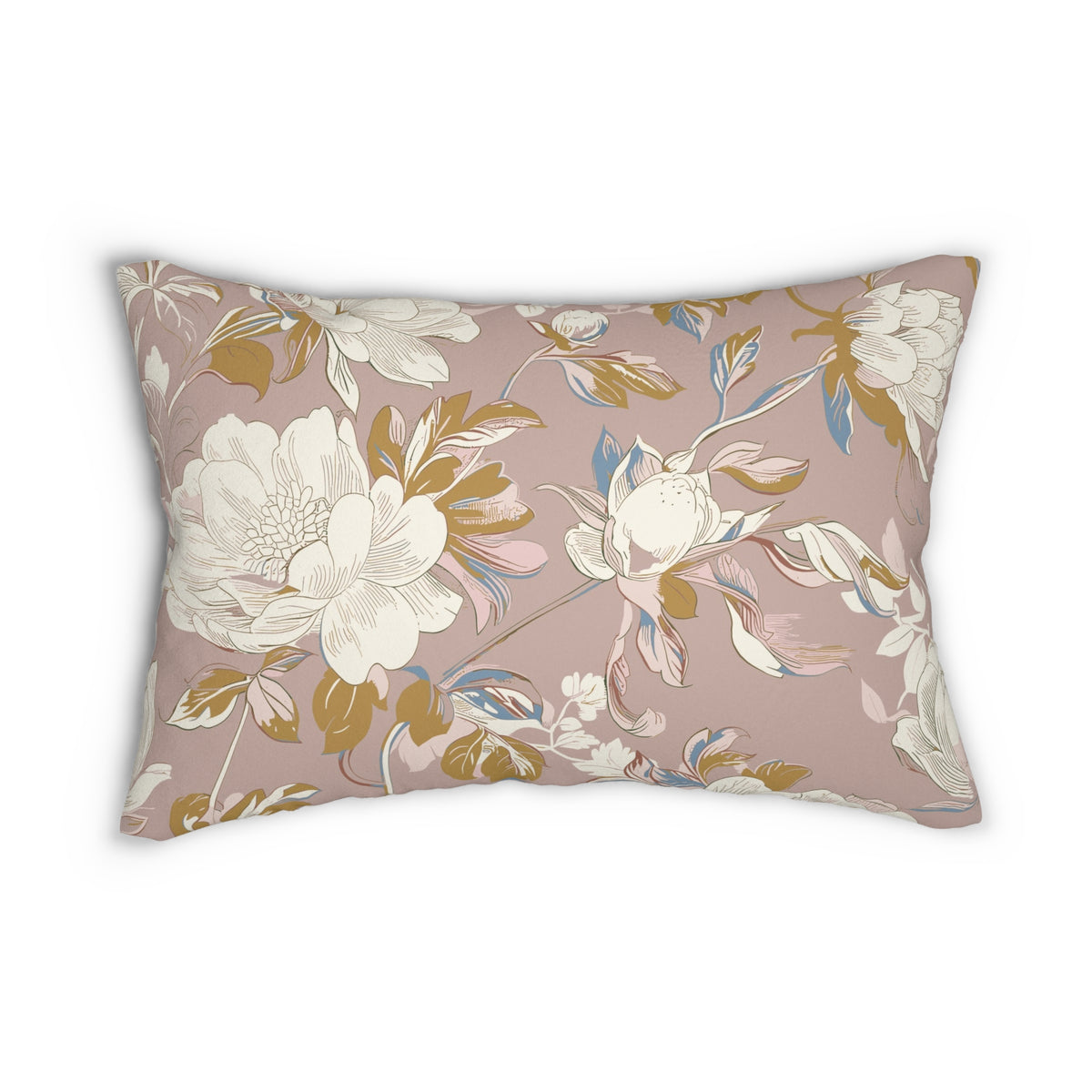 a decorative pillow with a floral pattern in shades of pink and white.