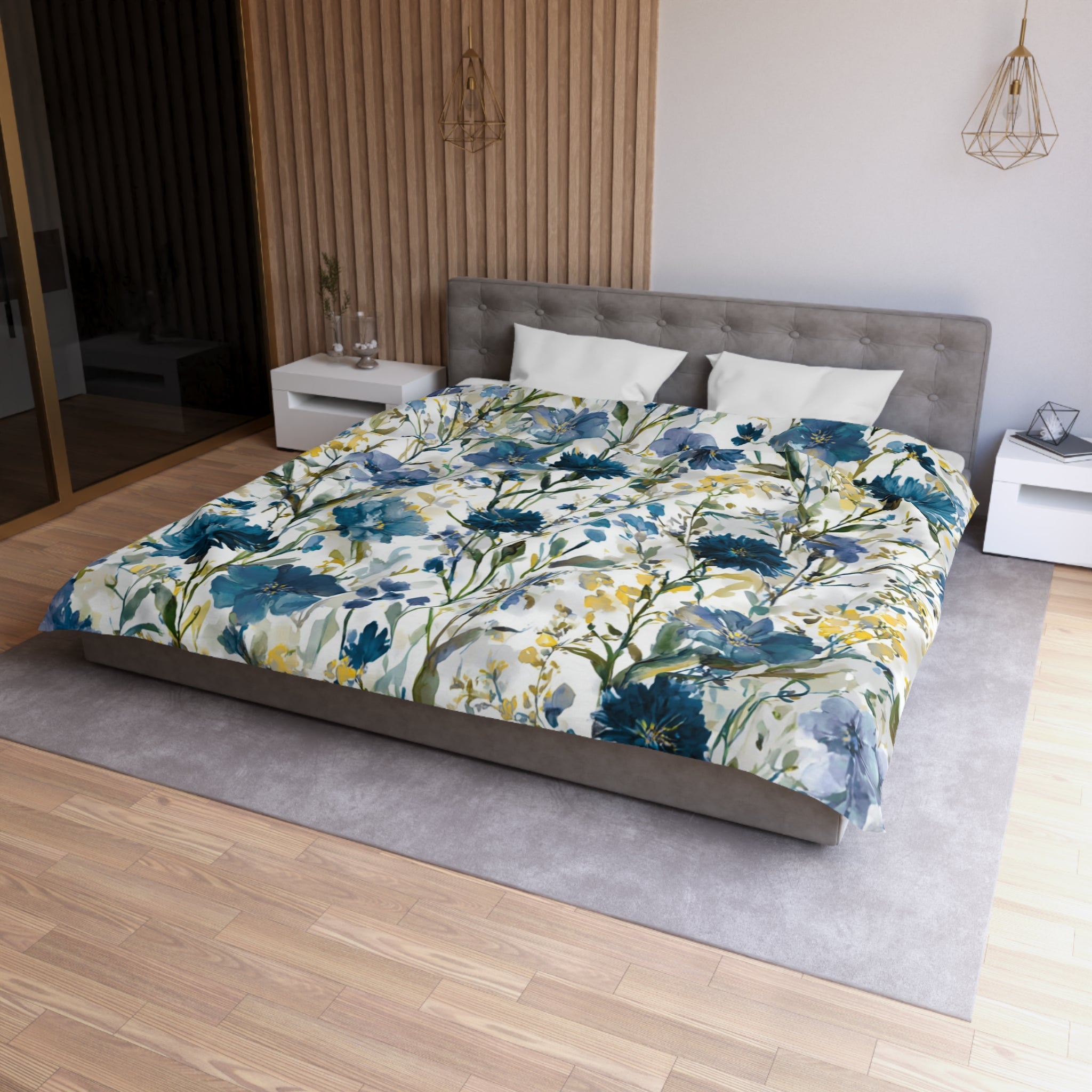 Floral Modern Duvet, Pillow Cover | Blue Yellow Bedroom Decor
