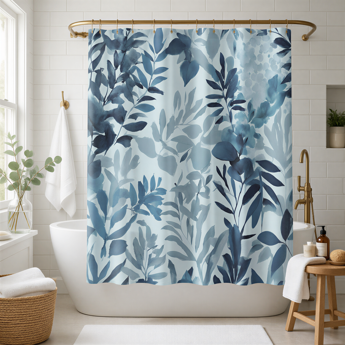 a bathroom with a white bathtub, a shower curtain with a blue leaf pattern, and a wooden stool.