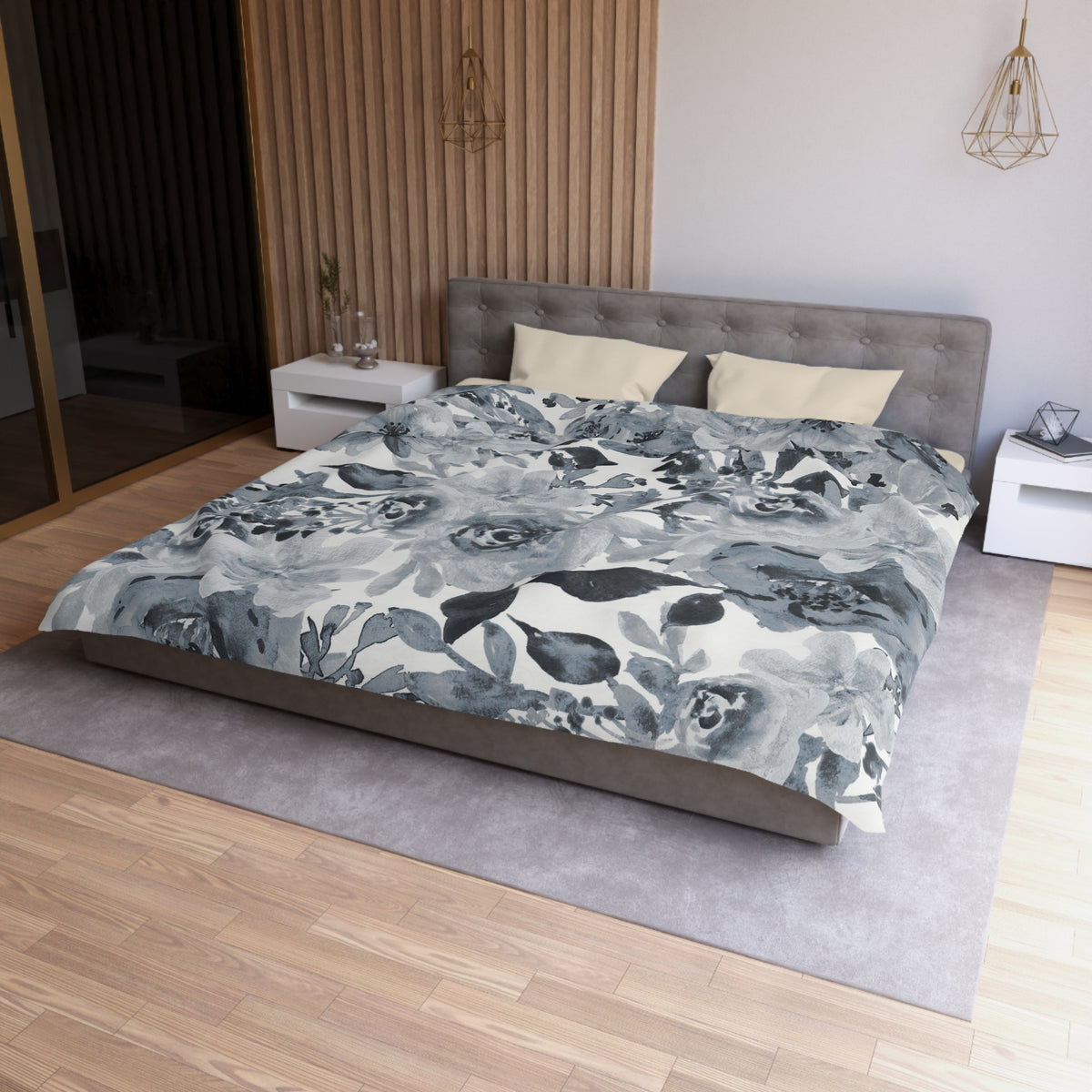 Dusty Grey Peony Duvet Cover | Slate Blue Watercolor Floral Bedding