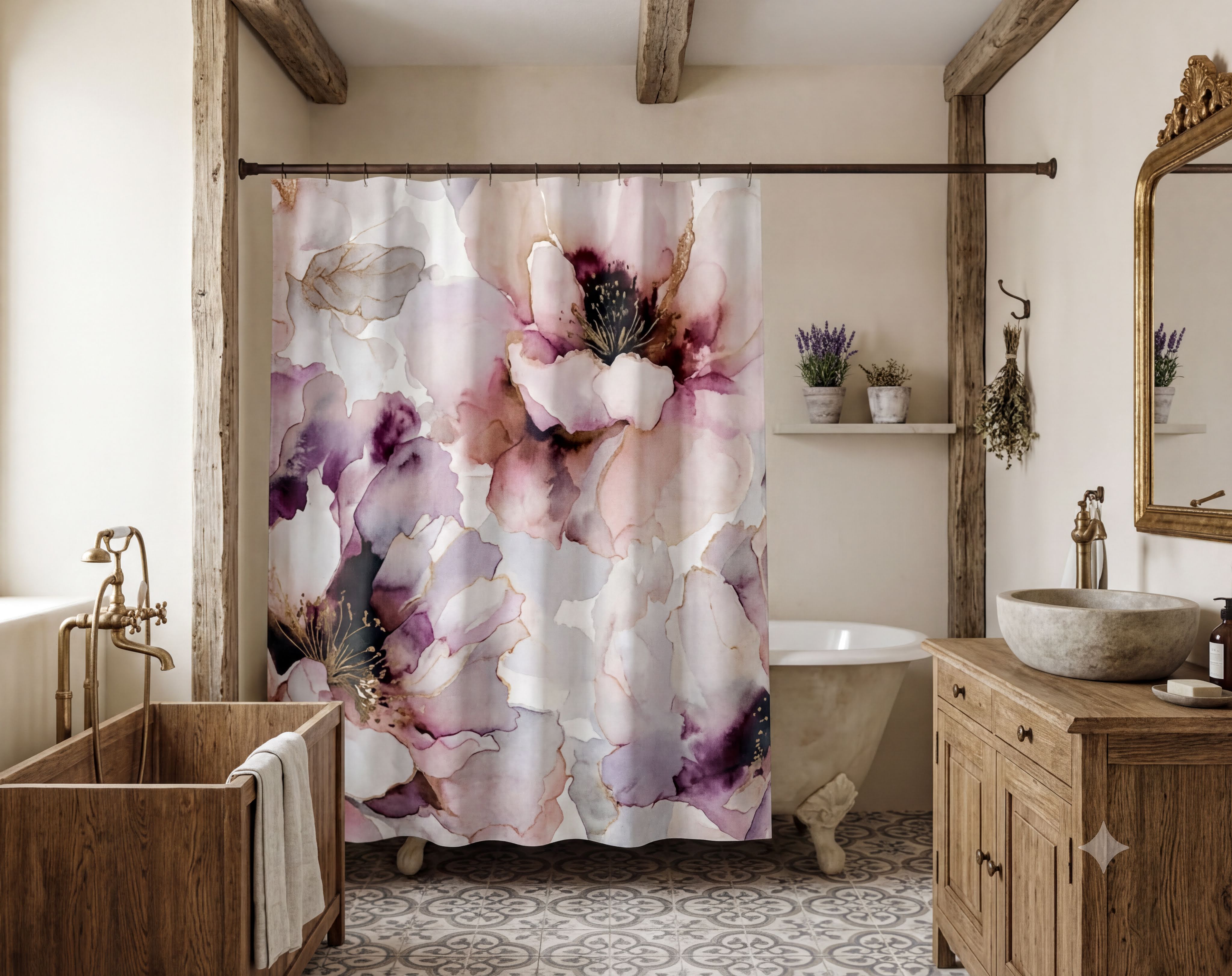 a bathroom with a floral patterned shower curtain, a wooden vanity, and a white bathtub.