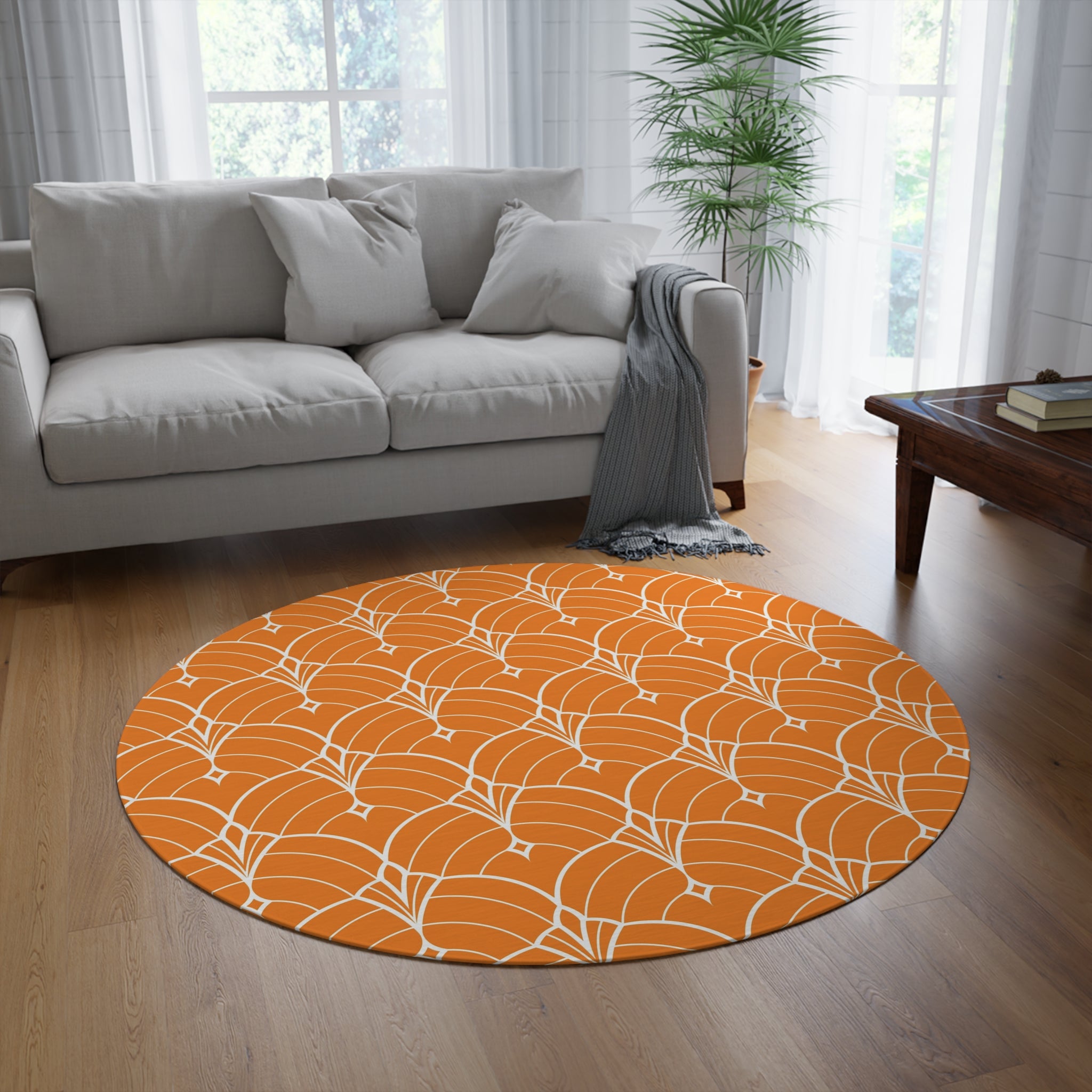 Round Area Rug | Art Deco, Orange White