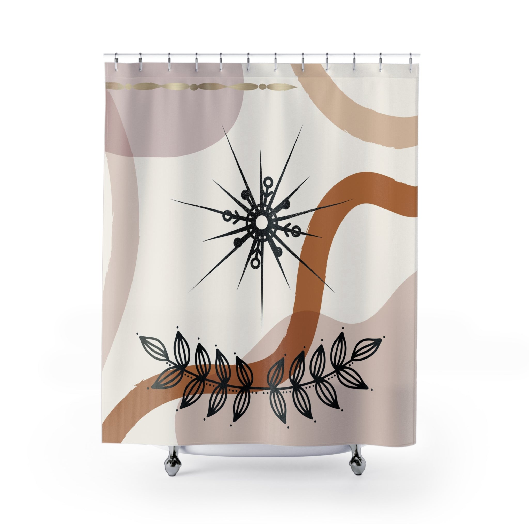 a bohemian boho shower curtain with a design of leaves on it