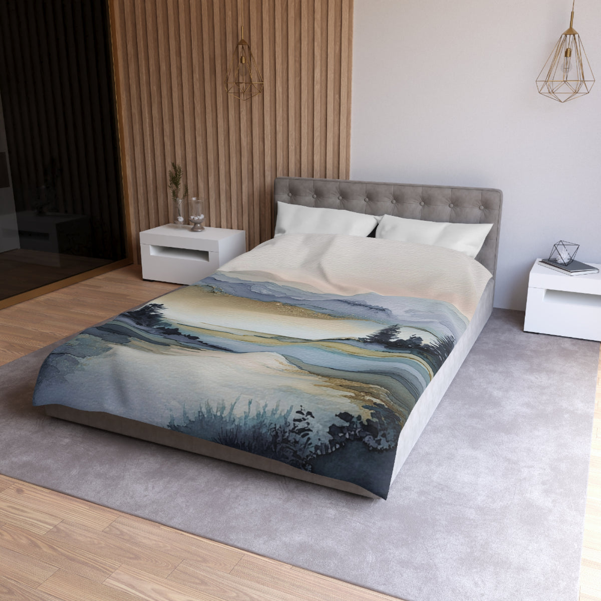 a modern bedroom with a large bed, a nightstand, and a wooden wall. The bed has a blue and white landscape print on the comforter, and the room has a neutral color scheme with white walls and a gray carpet.