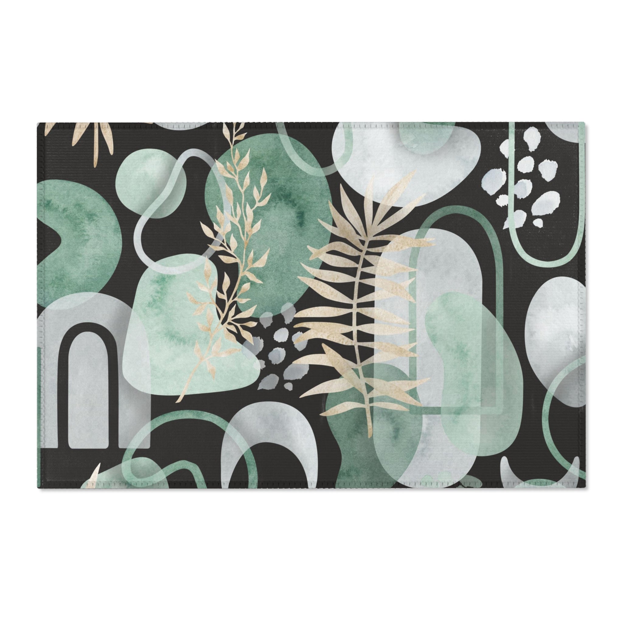 Abstract Floral Area Rug | Sage Green, Black Boho Rug