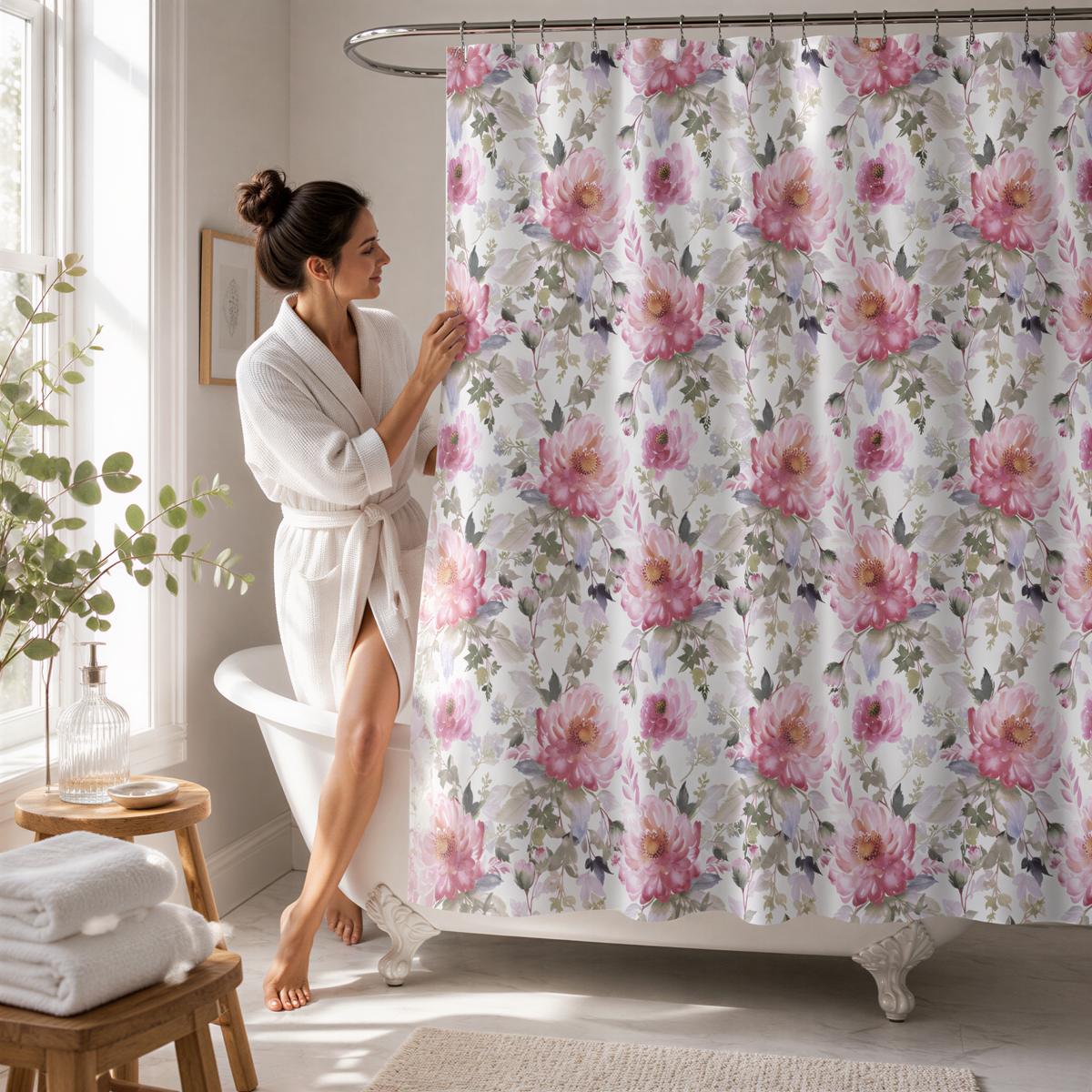 A woman in a white robe stands in a bathroom, holding a pink flower-patterned shower curtain.
