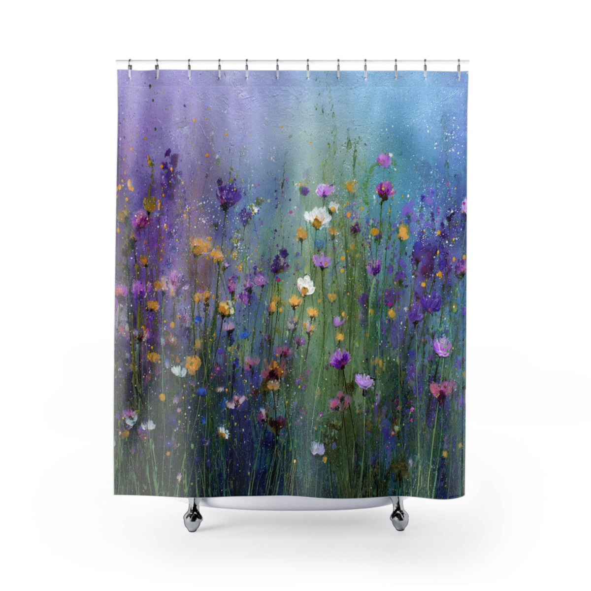 a vibrant and colorful painting of a field of flowers, with a variety of purple, yellow, and white flowers scattered throughout the scene.