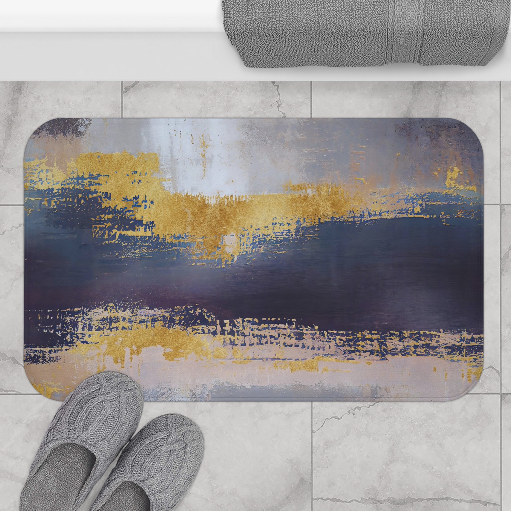 Abstract Bath Mat | Navy Blue, Muted Gold Beige Kitchen Mat