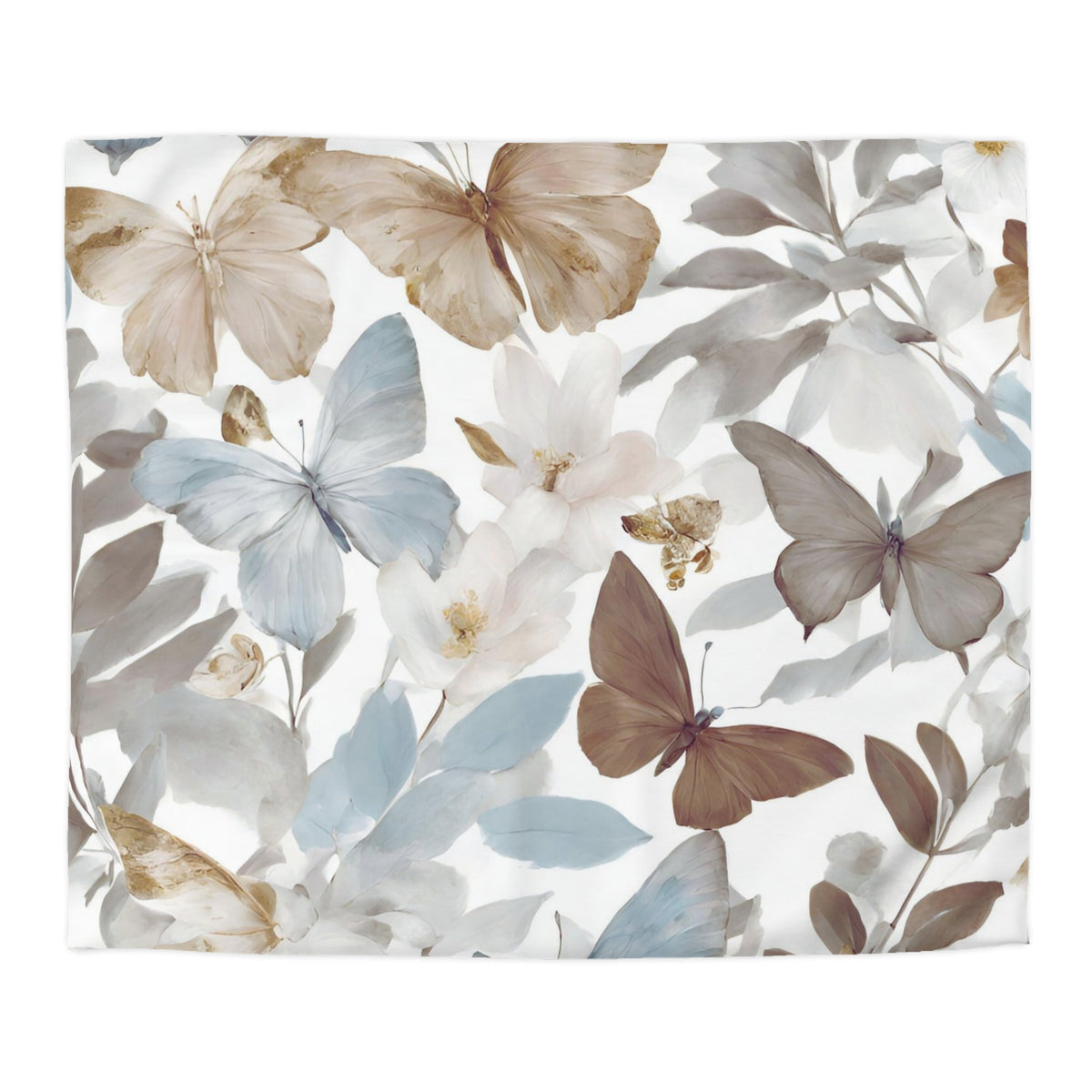 a repeating pattern of butterflies and flowers in various shades of brown, white, and light blue against a white background.