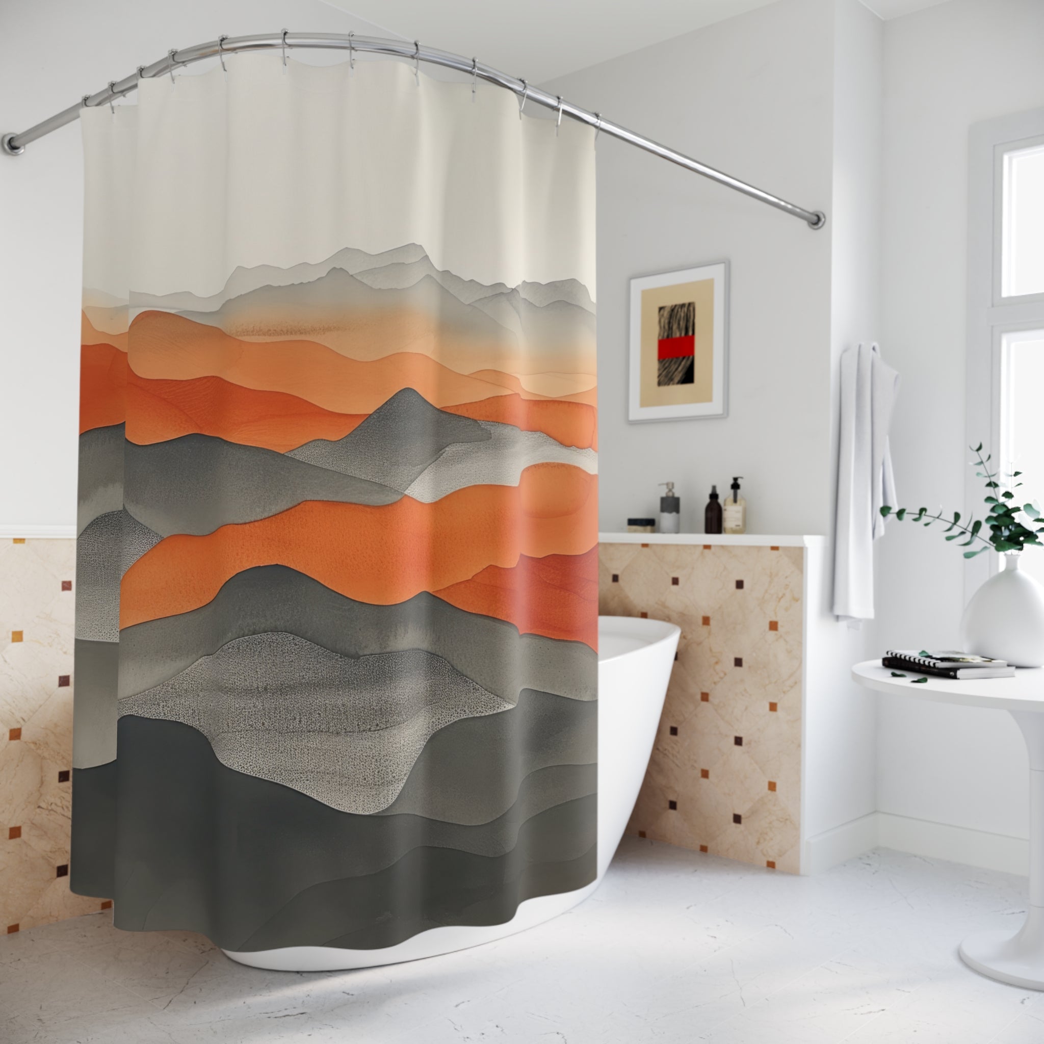 Abstract Mountain Boho Shower Curtain | Grey Orange