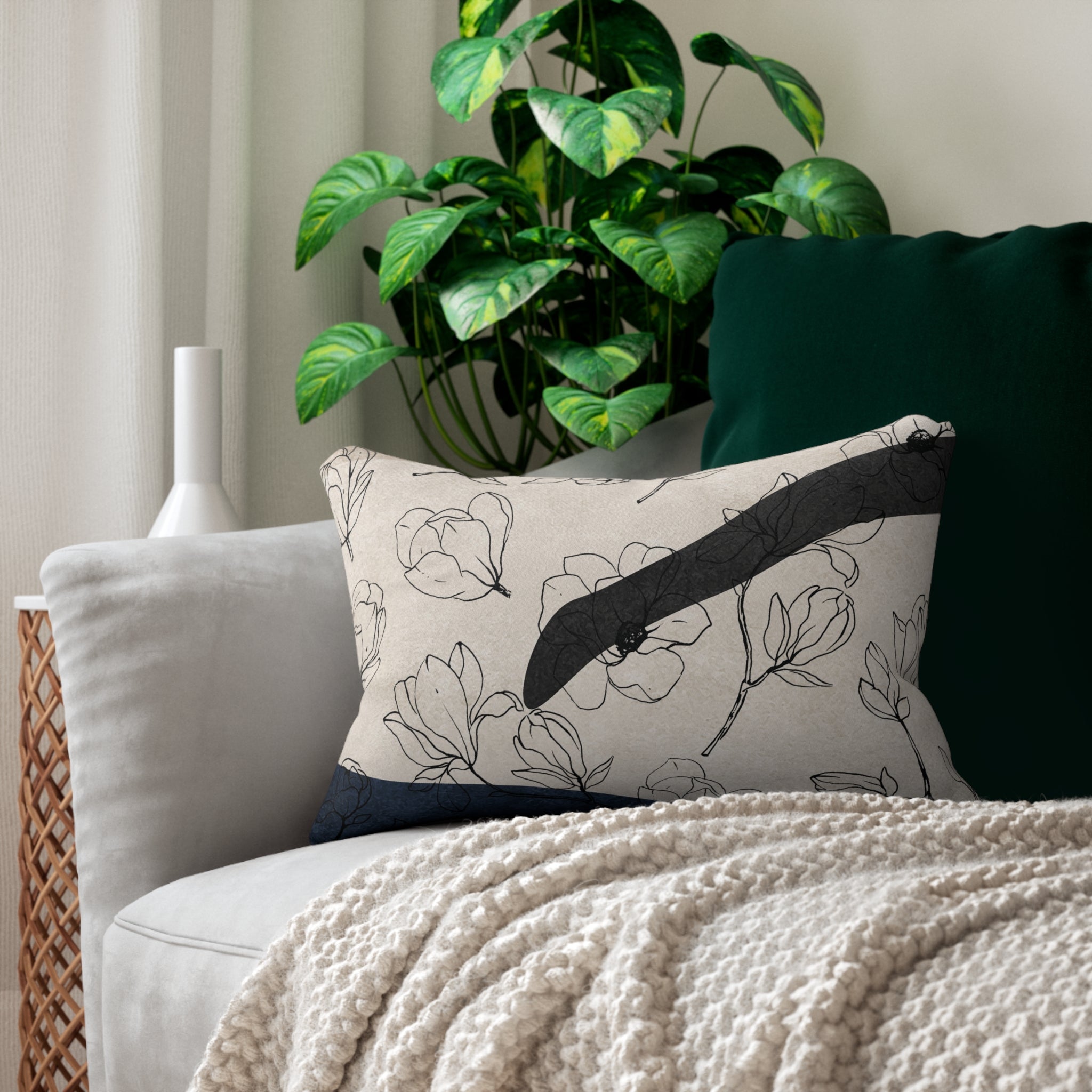 Abstract Floral Lumbar Pillow | Beige Black Navy Line Art
