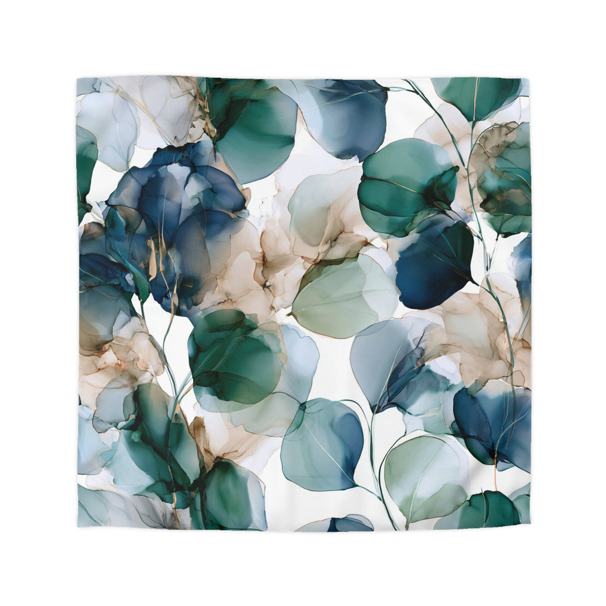 a blue and green painting of leaves on a white background