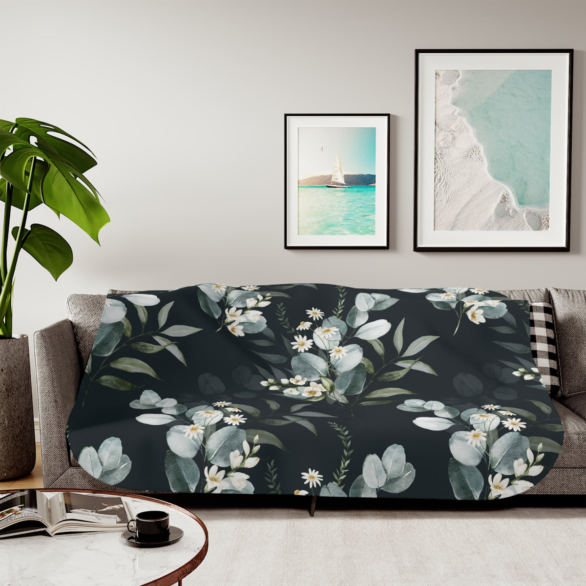 Moody Sage Eucalyptus Daisy Sherpa Blanket | Charcoal Botanical Throw