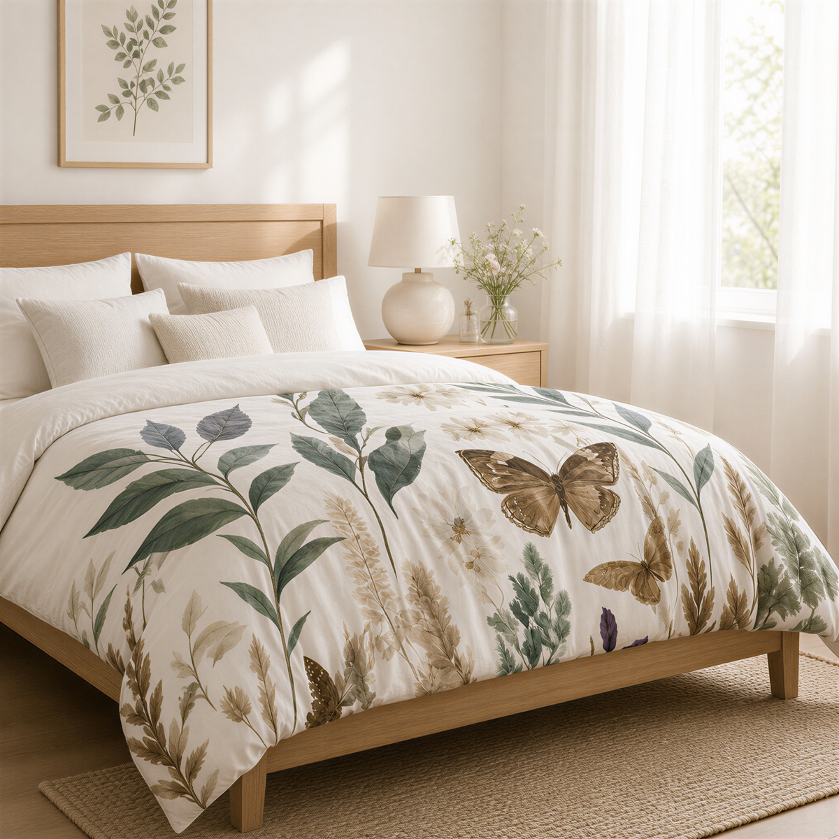 a serene and cozy bedroom with a large bed adorned with a white and green floral comforter. The bed is positioned against a wall, with a window nearby that allows natural light to fill the room. A lamp is placed on a side table, and a vase of flowers adds a touch of nature to the space. The overall atmosphere of the room is calm and inviting, with a harmonious blend of colors and textures.