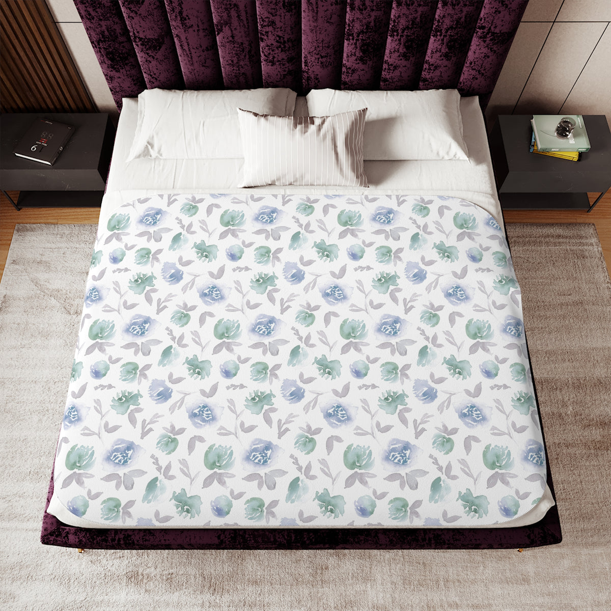 Blue Mint Watercolor Rosette Sherpa Blanket | Soft Floral Throw