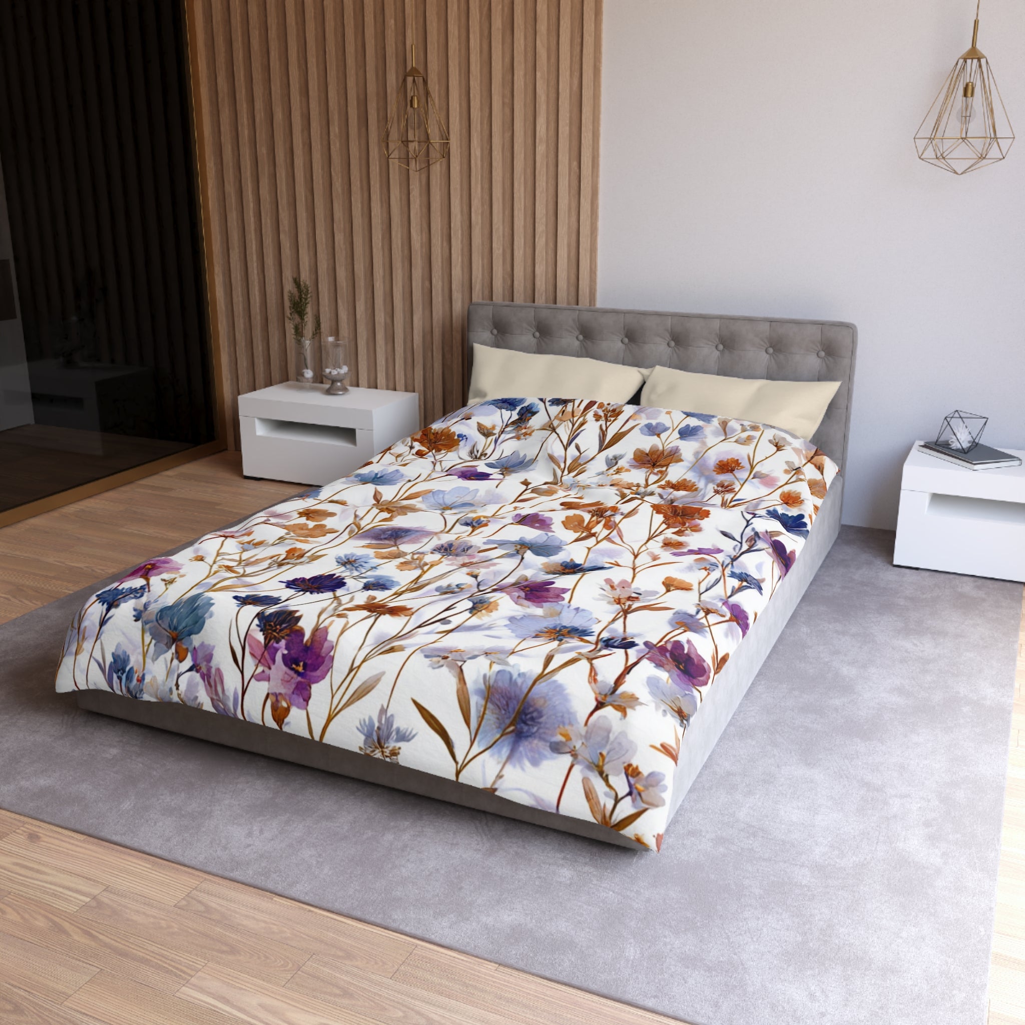 Floral Modern Duvet, Pillow Cover | White Purple Bedroom Decor