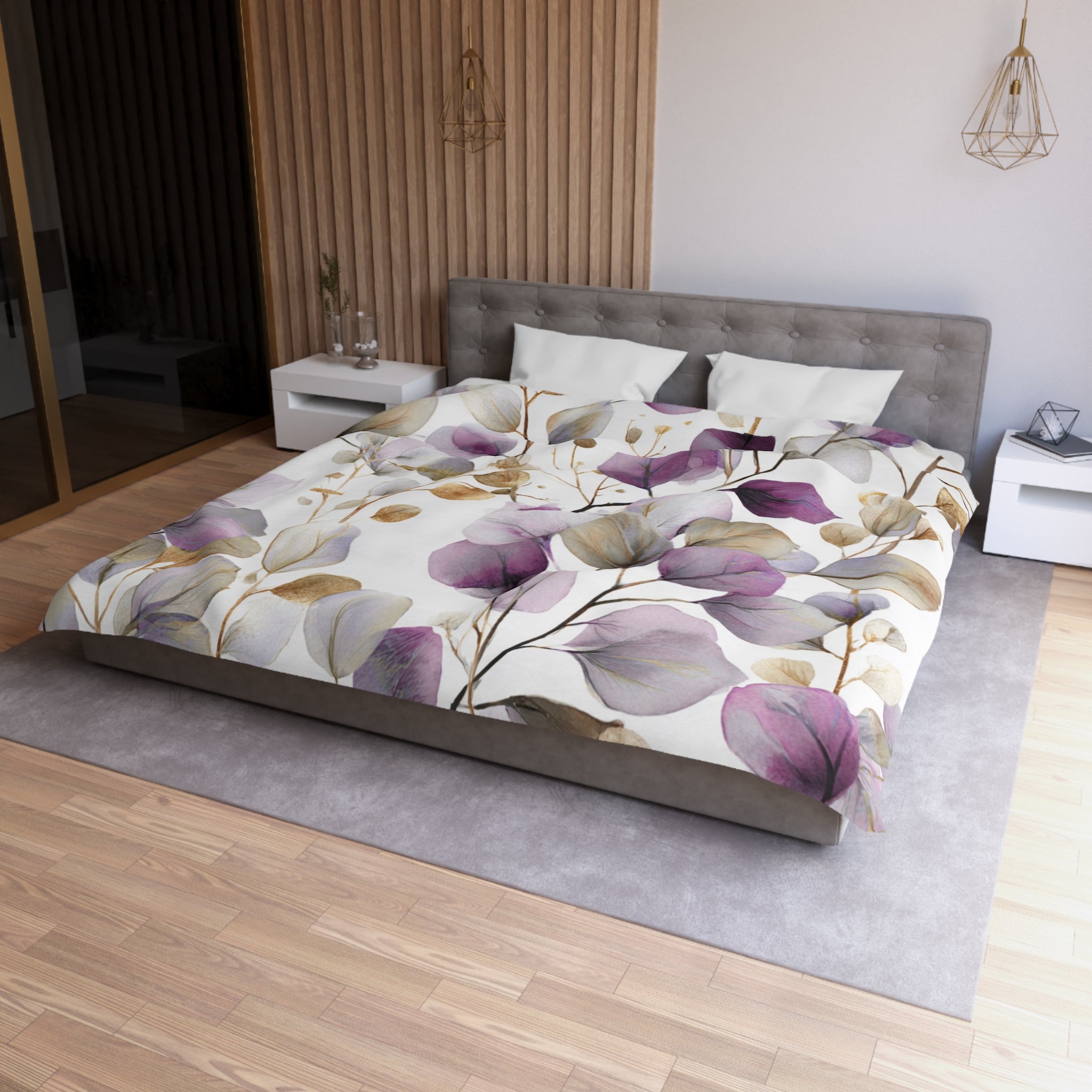 Floral Cotton Duvet, Pillow Cover | Purple Eucalyptus Leaves Bedroom Decor