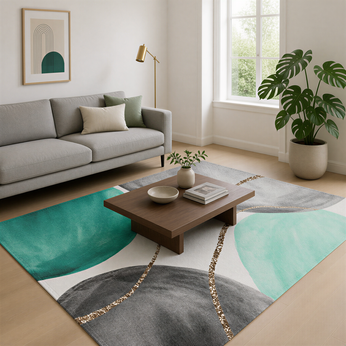 a modern living room with a gray sofa, a wooden coffee table, a large green and gray abstract rug, and a large potted plant.