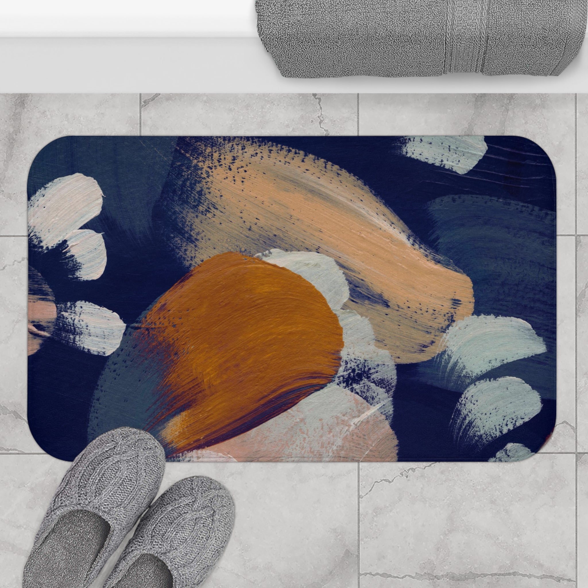 Abstract Bath Mat, Kitchen Mat | Navy Blue, Rust Beige Mat