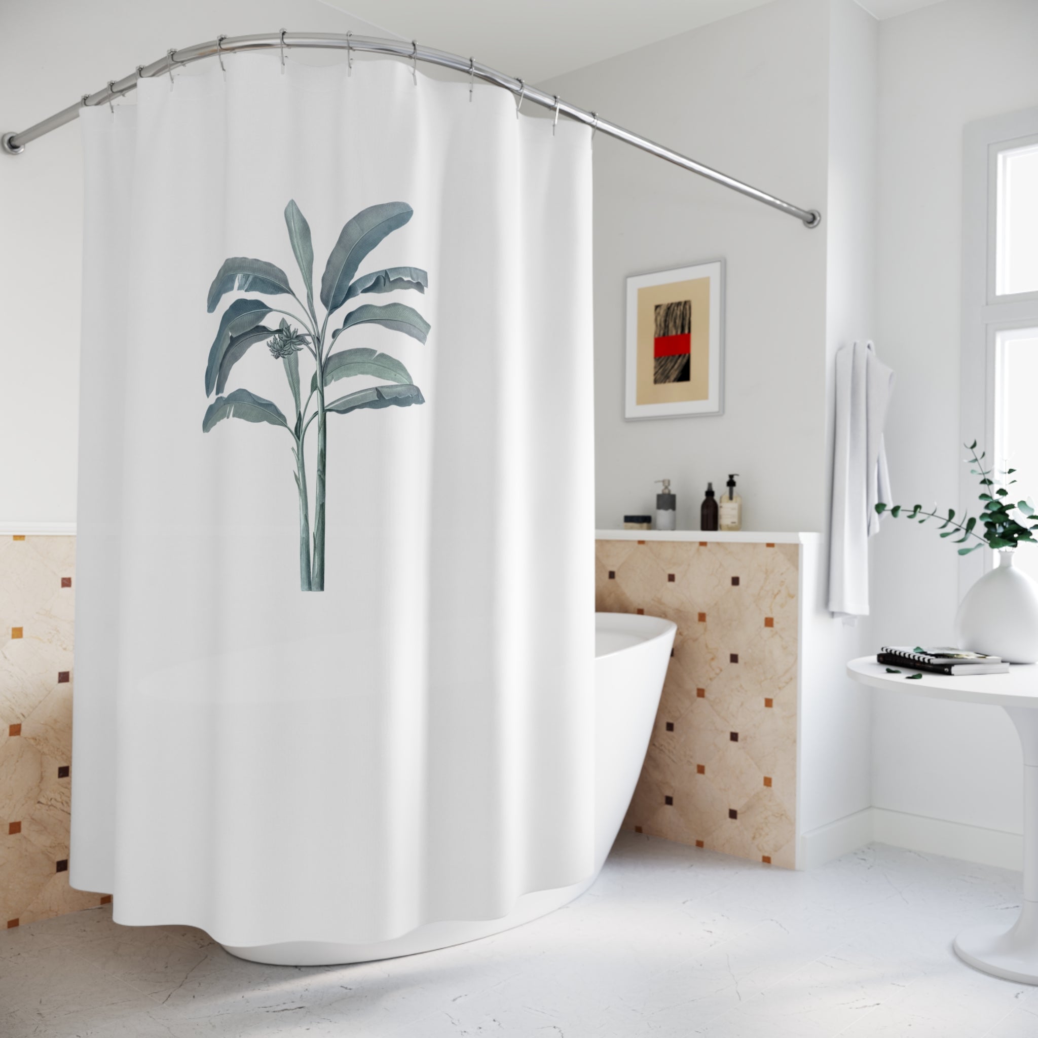 Boho Shower Curtain | White Blue Banana Leaves Jungle Fabric Curtain
