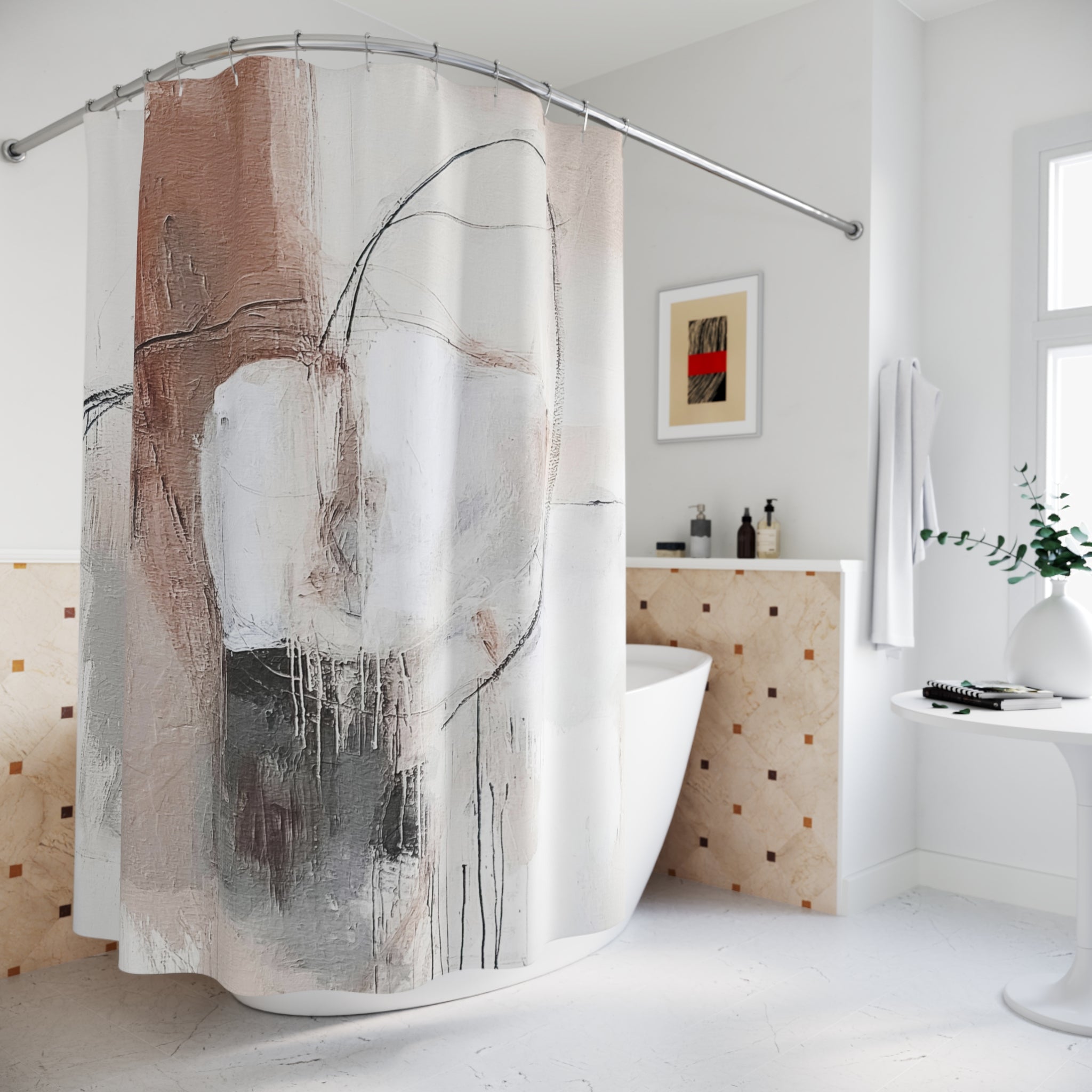 Boho Shower Curtain | Abstract Art White Grey, Beige Minimalist