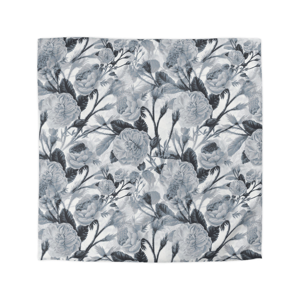 a repeating pattern of black and white flowers and leaves, creating a visually striking and intricate design.